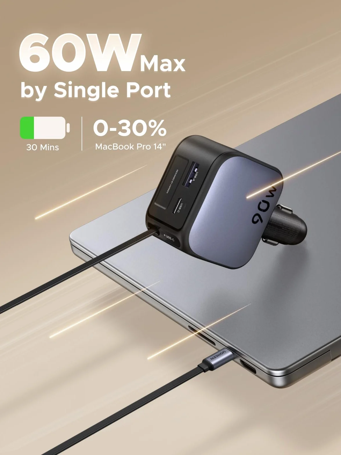 UGREEN 3 w 1 zapalniczka samochodowa 90W chowana ładowarka samochodowa 60W wbudowany kabel USB-C akcesoria samochodowe 12 V zasilacz samochodowy do iPhone 17/16/15, Macbook, Galaxy S25/24, GPS itp