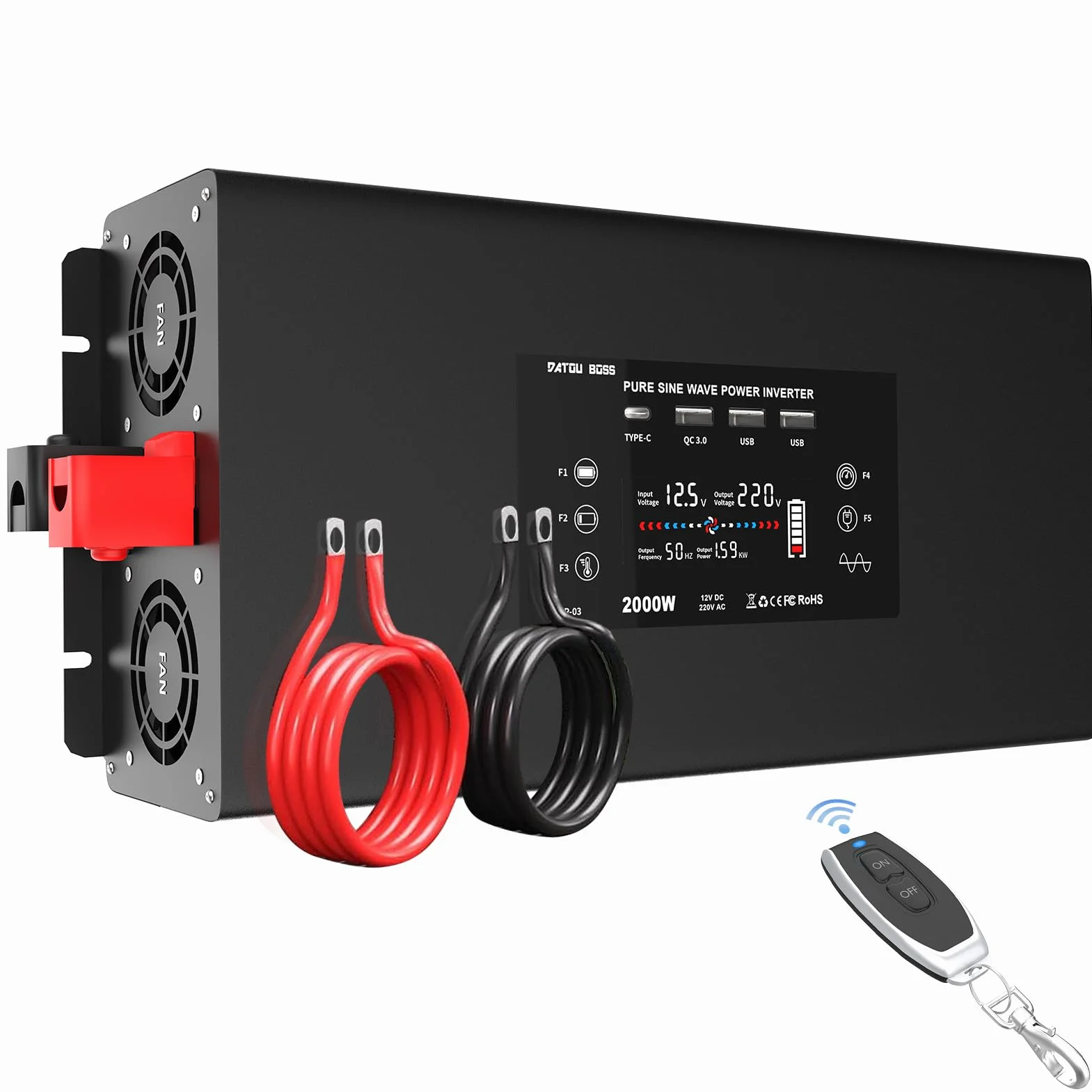 DATOUBOSS Przetwornica 12V 230V Czysty Sinus 2000W/4000W Falowniki z Wyświetlaczem LCD i Gniazdami AC Oraz 2×USB5V2.1A, QC3.0, Type-C