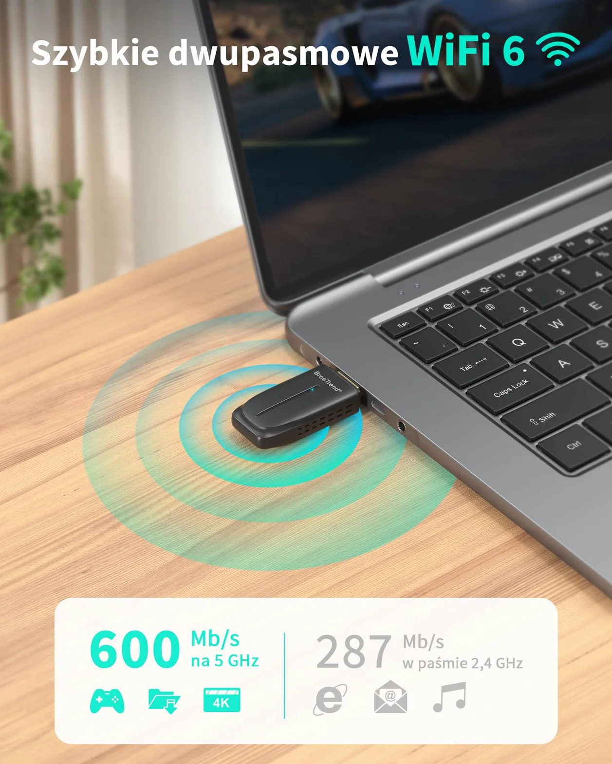 BrosTrend Adapter Bluetooth Wi-Fi AX900 do komputerów stacjonarnych i laptopów, 2 w 1, klucz sprzętowy Bluetooth 5.4, dwuzakresowy 5 GHz 600 Mb/s + 2,4 GHz 286 Mb/s, obsługuje systemy Windows 10/11
