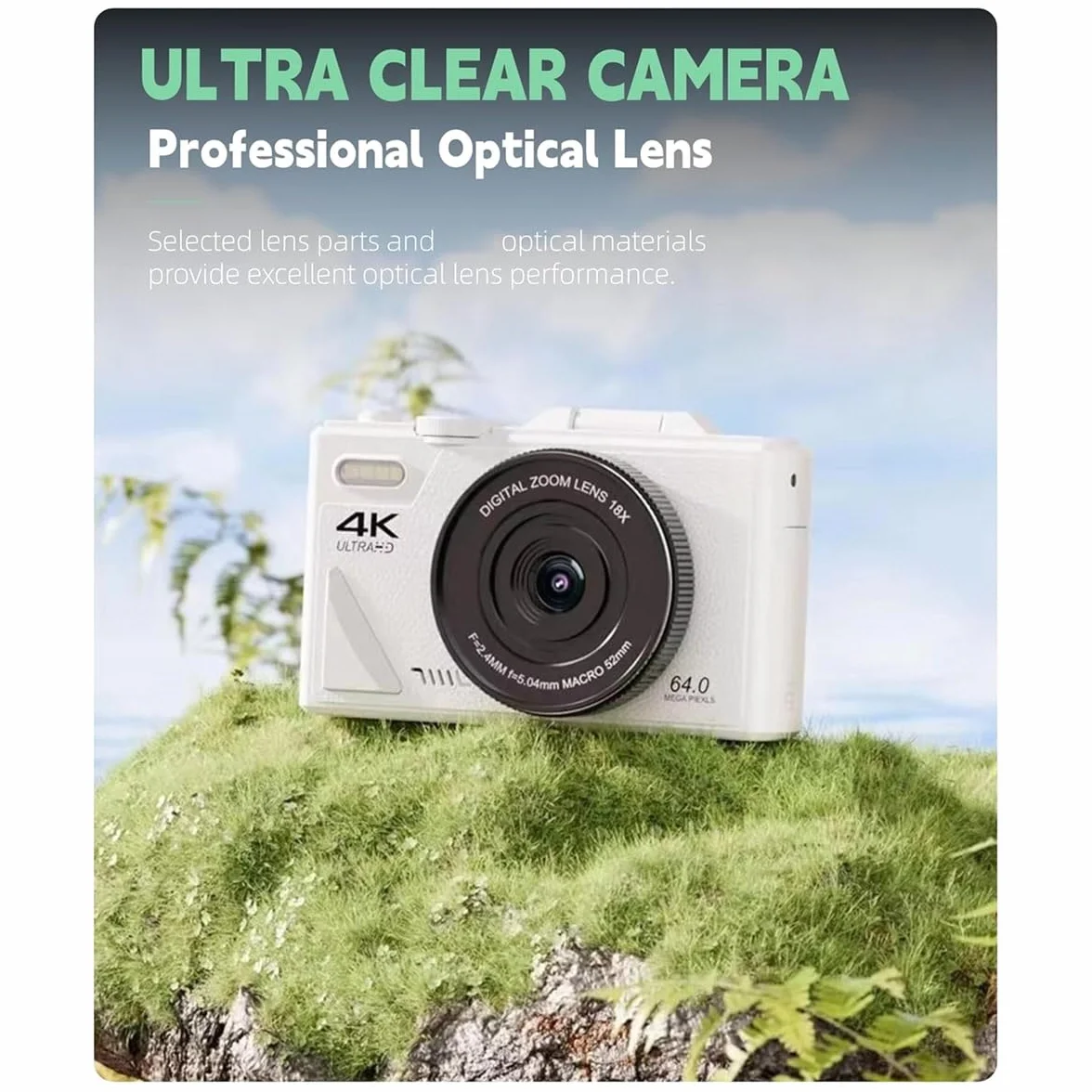 Przenośny aparat cyfrowy 4K, 3-calowy ekran z klapką 64 MP UHD 18-krotny zoom autofokus retro design kompaktowy model biały