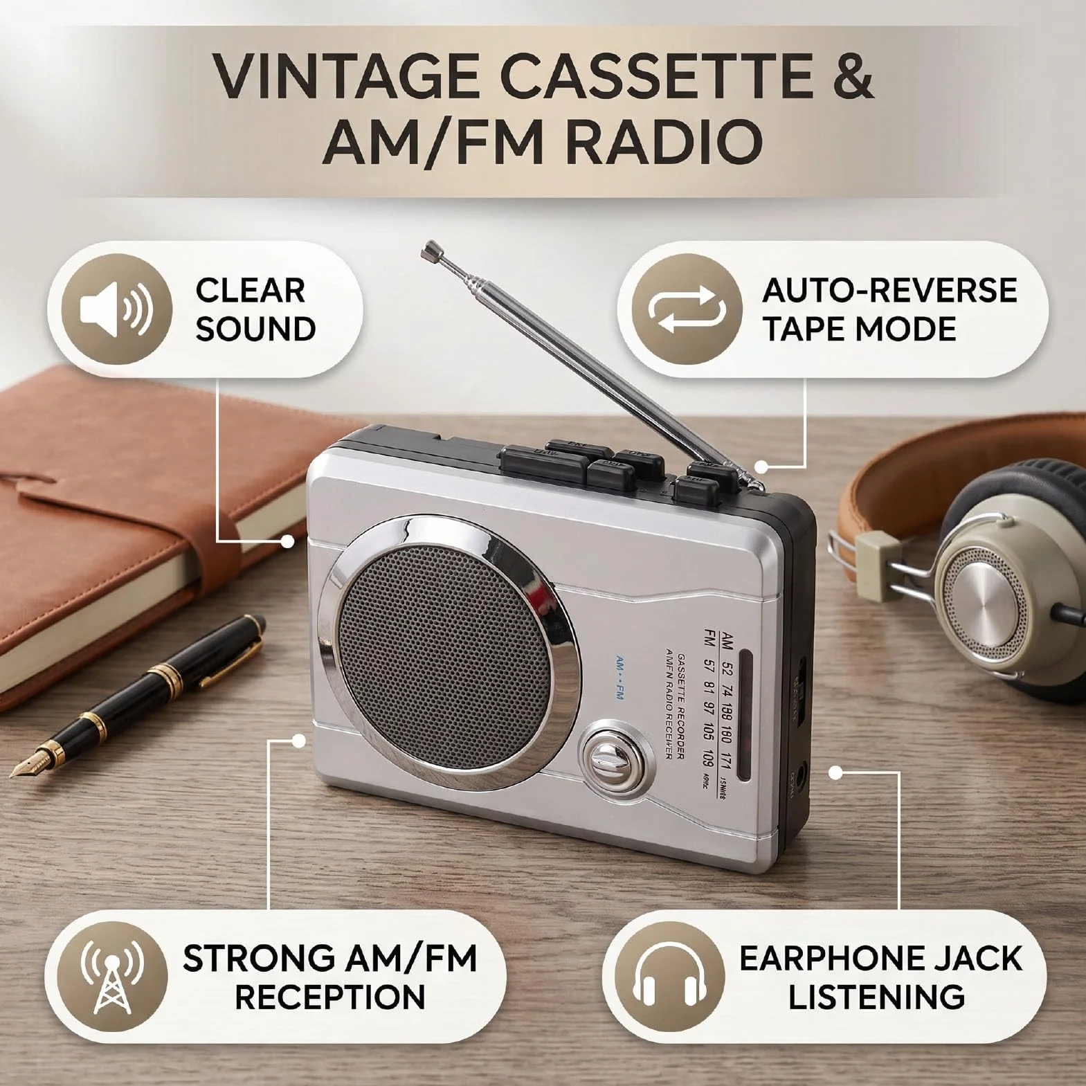 Bewinner Radio AM FM w Stylu Retro z funkcją Automatycznego Cofania i Gniazdem Słuchawkowym | Magnetofon kasetowy ABS, przenośny odtwarzacz muzyki, zabytkowe urządzenie audio, słuchanie na zewnątrz, akcesorium do