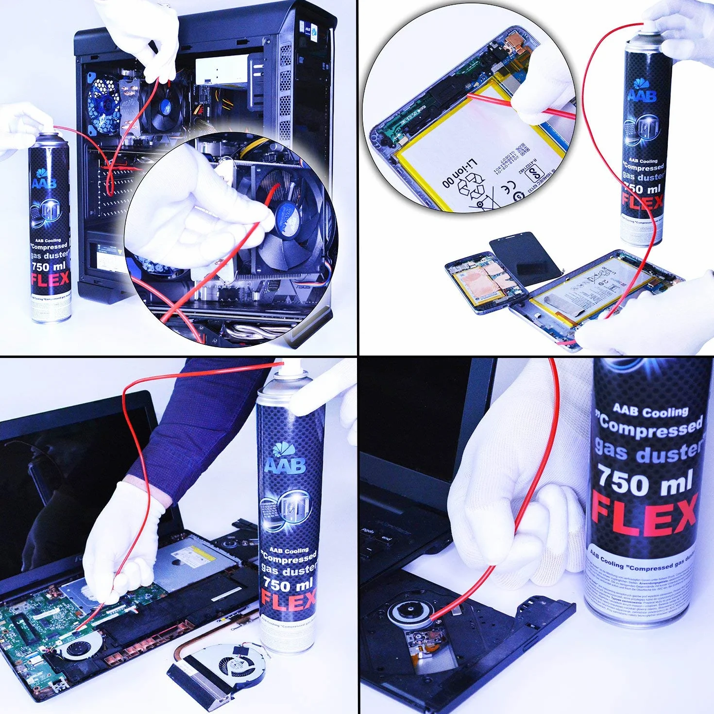 24 x AAB Compressed Gas Duster FLEX 750ml - Sprężony Gaz z Długą, Elastyczną Rurką, Sprężone Powietrze do Wydmuchiwania Kurzu, Puszka, Aerozol do Czyszczenia Komputera, Klawiatury, Laptopa, PC