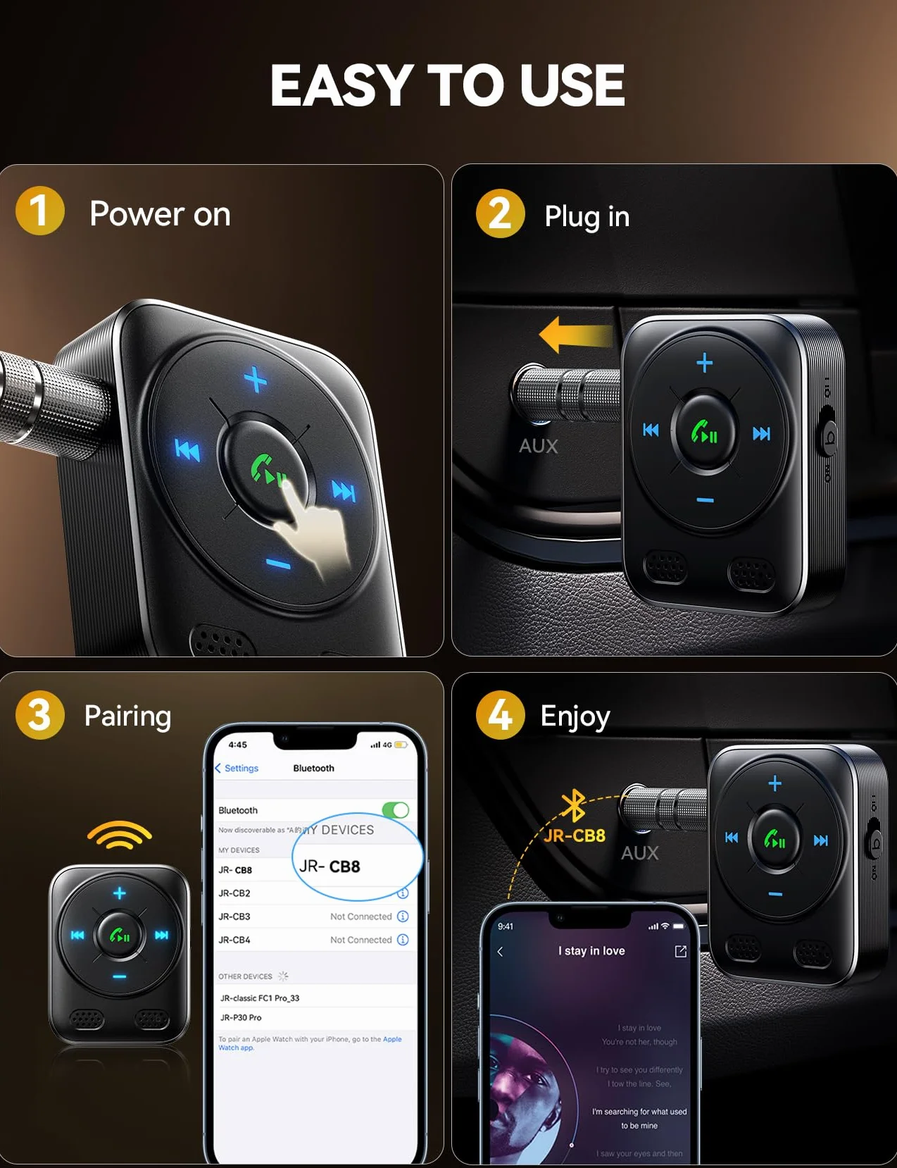 JOYROOM Bluetooth 5.4 samochodowy adapter AUX Bluetooth, odbiornik Bluetooth jack, połączenie głośnomówiące z wyświetlaczem LED, adapter jack samochodowy z 16