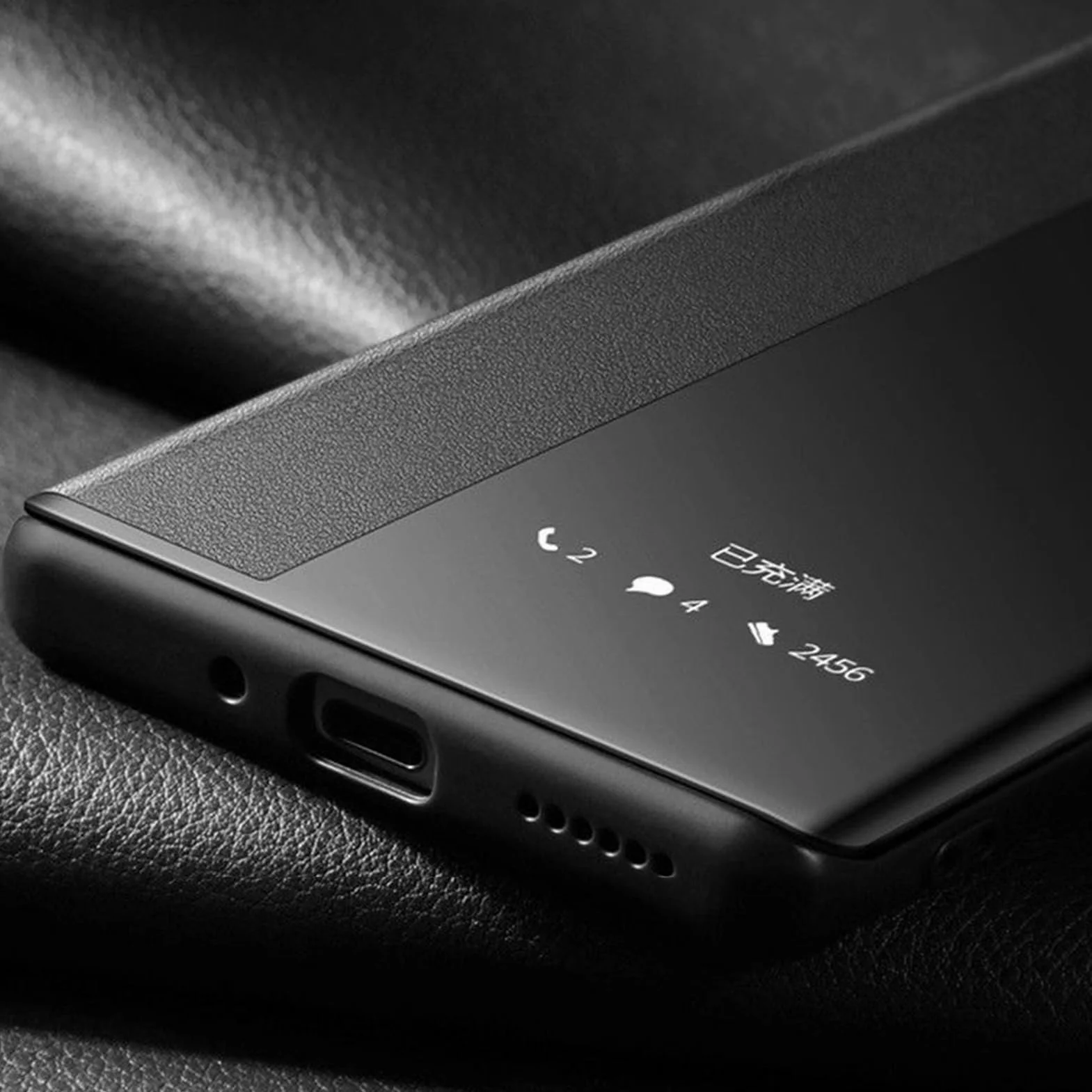 Etui z klapką do OnePlus 15, przezroczyste okno widoczności PC Lychee Leather Cover Business Pattern Case, Black, 15