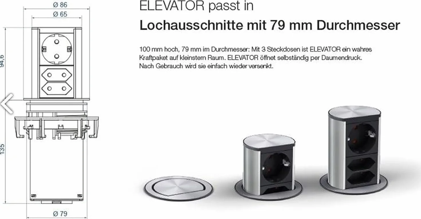 BACHMANN Wysuwane gniazdko elektryczne Elevator, 1 x gniazdko elektryczne z 2 x kablem USB A, 2 m, gniazdko stołowe do kuchni i biura, wygląd stali szlachetnej 928.017 (uruchamiane za pomocą odcisku