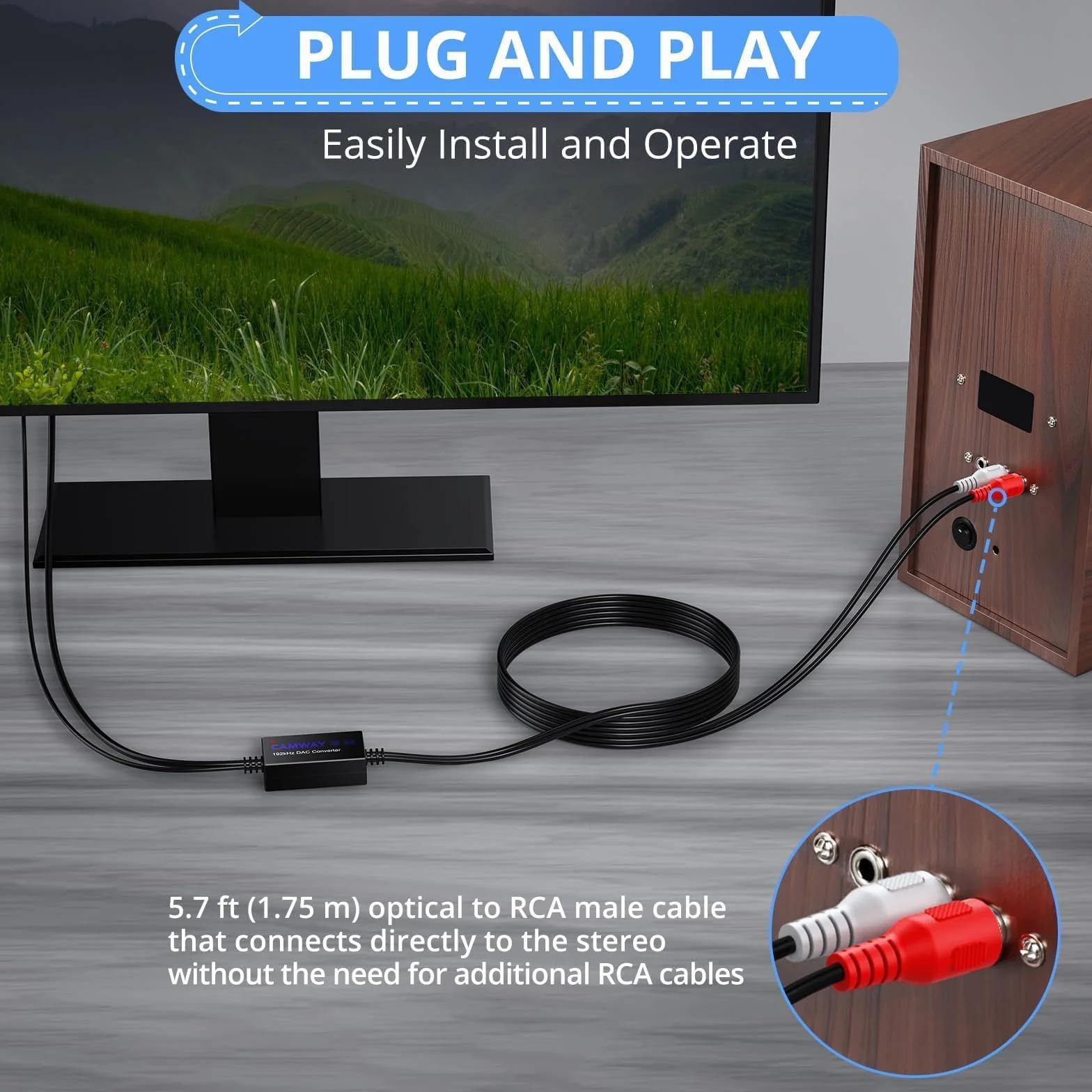 CAMWAY Cyfrowy konwerter audio na analogowy SPDIF do RCA konwertuje Toslink RCA optyczny DAC