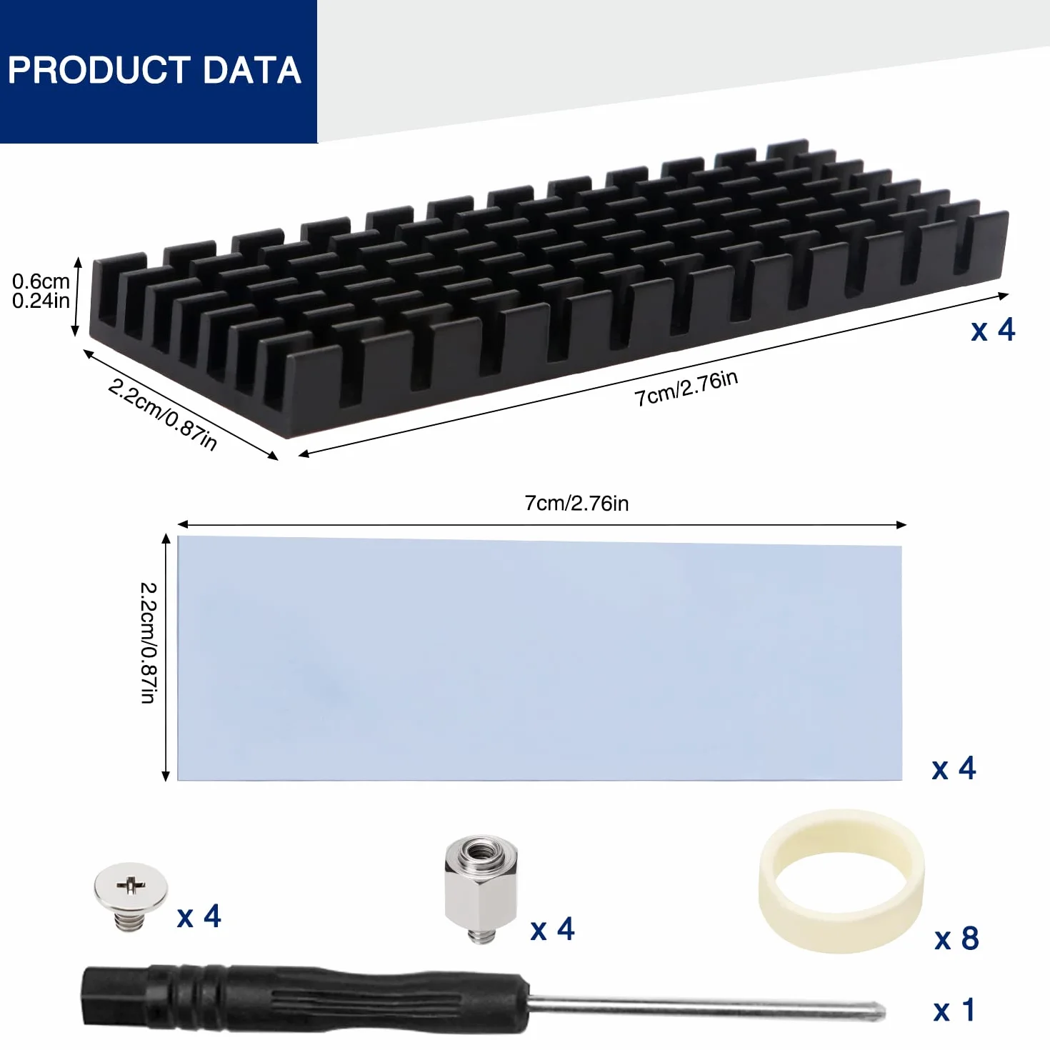 4 Sztuk Radiator M.2 SSD, VooGenzek Aluminiowy Radiator, ze Śrubami M.2 SSD i Arkuszem Kleju Termoprzewodzącego, do Radiatorów M.2 do Laptopów i Komputerów Stacjonarnych, 70X22X6mm, Czarny