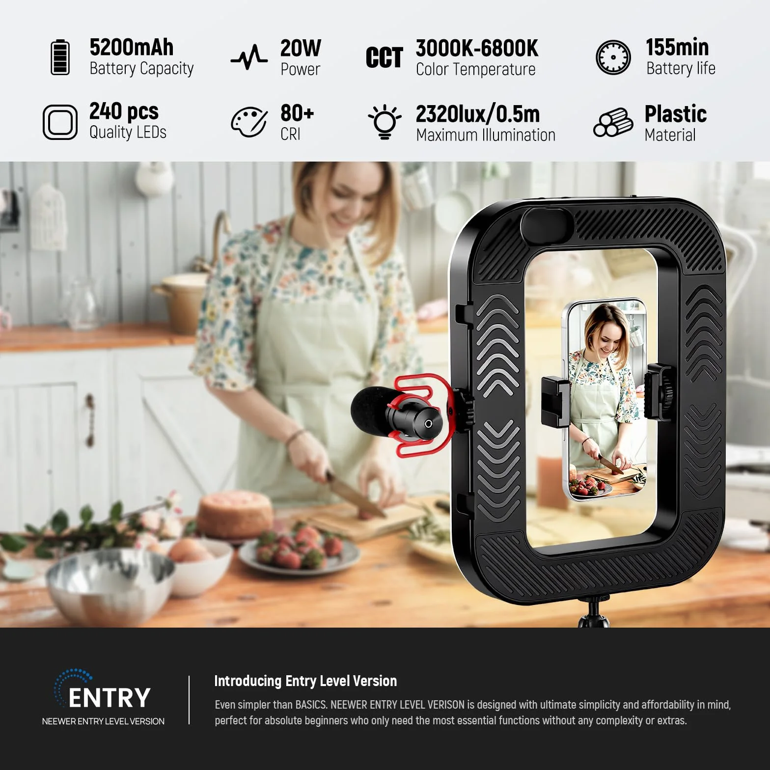 NEEWER Entry Level Version telefon komórkowy Video Rig ze światłem do selfie, stabilizator dłoni z dwukolorowym światłem pierścieniowym LED 20 W, 3 stopki błyskowe/akumulator 5200 mAh / CRI80+ do