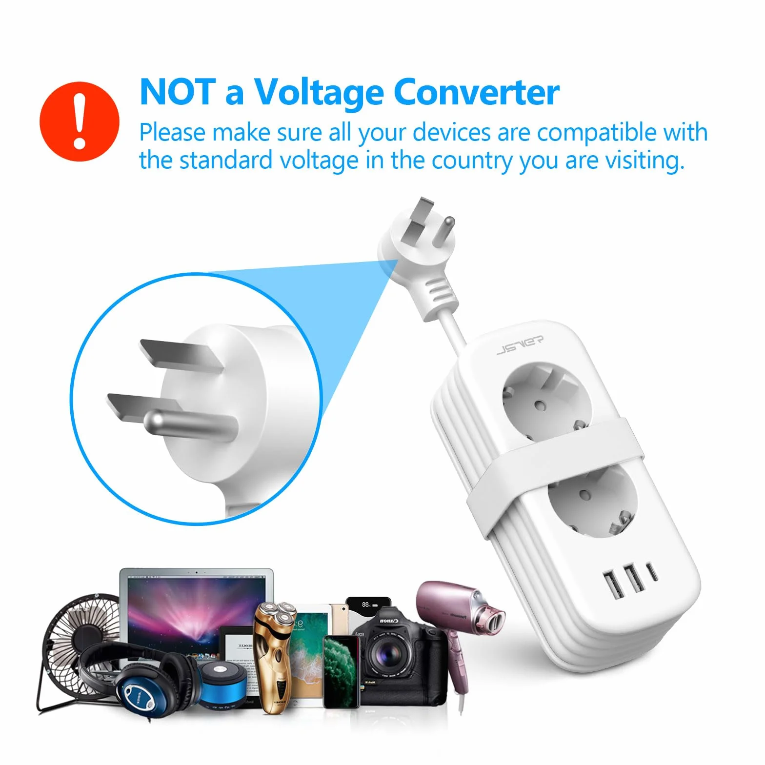 JSVER Travel Plug Adapter USA, Wiele Gniazd z 1 USB C i 2 USB A, 5 w 1 z Chowanym Przedłużaczem, Typ B dla Kanady, Ameryki, Meksyku, Tajlandii, Dominikany-1,5 m (Biały)
