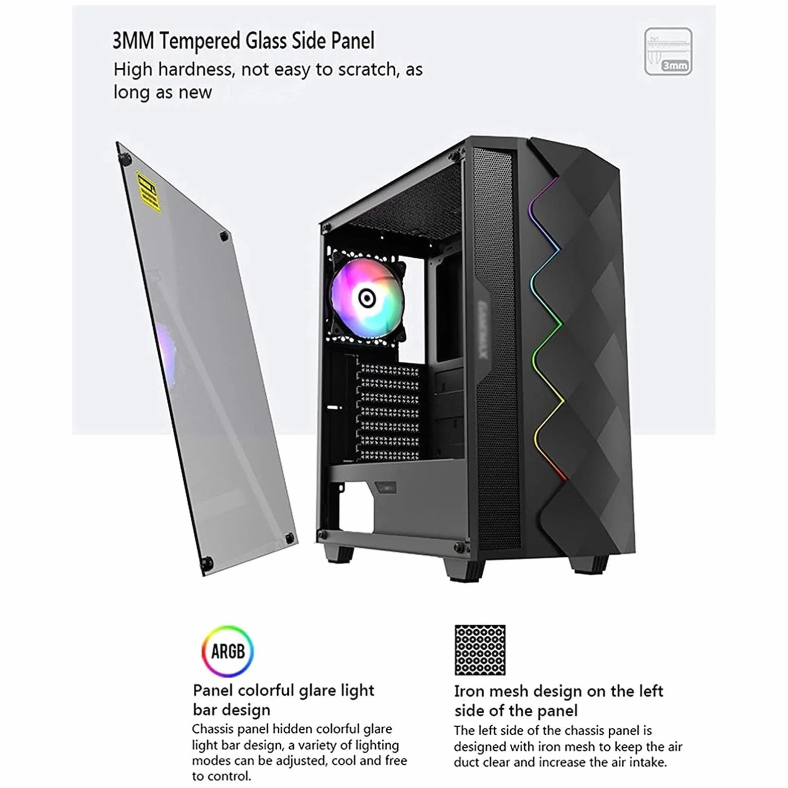 Obudowa Komputera Typu Mid-Tower E-ATX/ATX/M-ATX, Panel Boczny Ze Szkła Hartowanego, Przedni Panel Z Siatki, Obudowa Komputera Stacjonarnego, Tryb Oświetlenia RGB(Black)