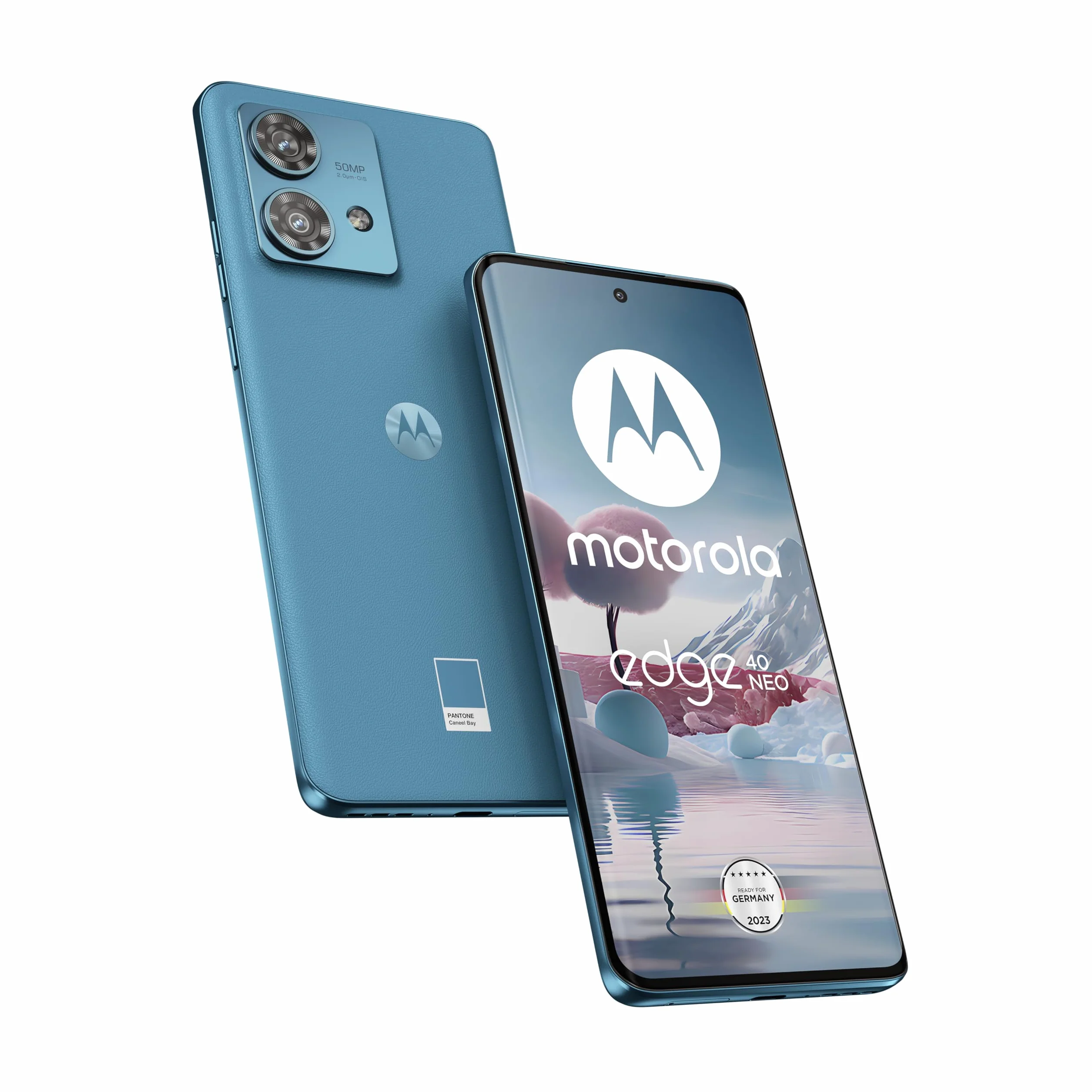Motorola - Moto Edge40 Neo, smartfon, wyświetlacz FHD+ 6,55", aparat 50 MP, 12/256 GB, 5000 mAh, Android 13, Caneel Bay (jasnoniebieski), z etui ochronnym + adapterem samochodowym [Ekskluzywnie na