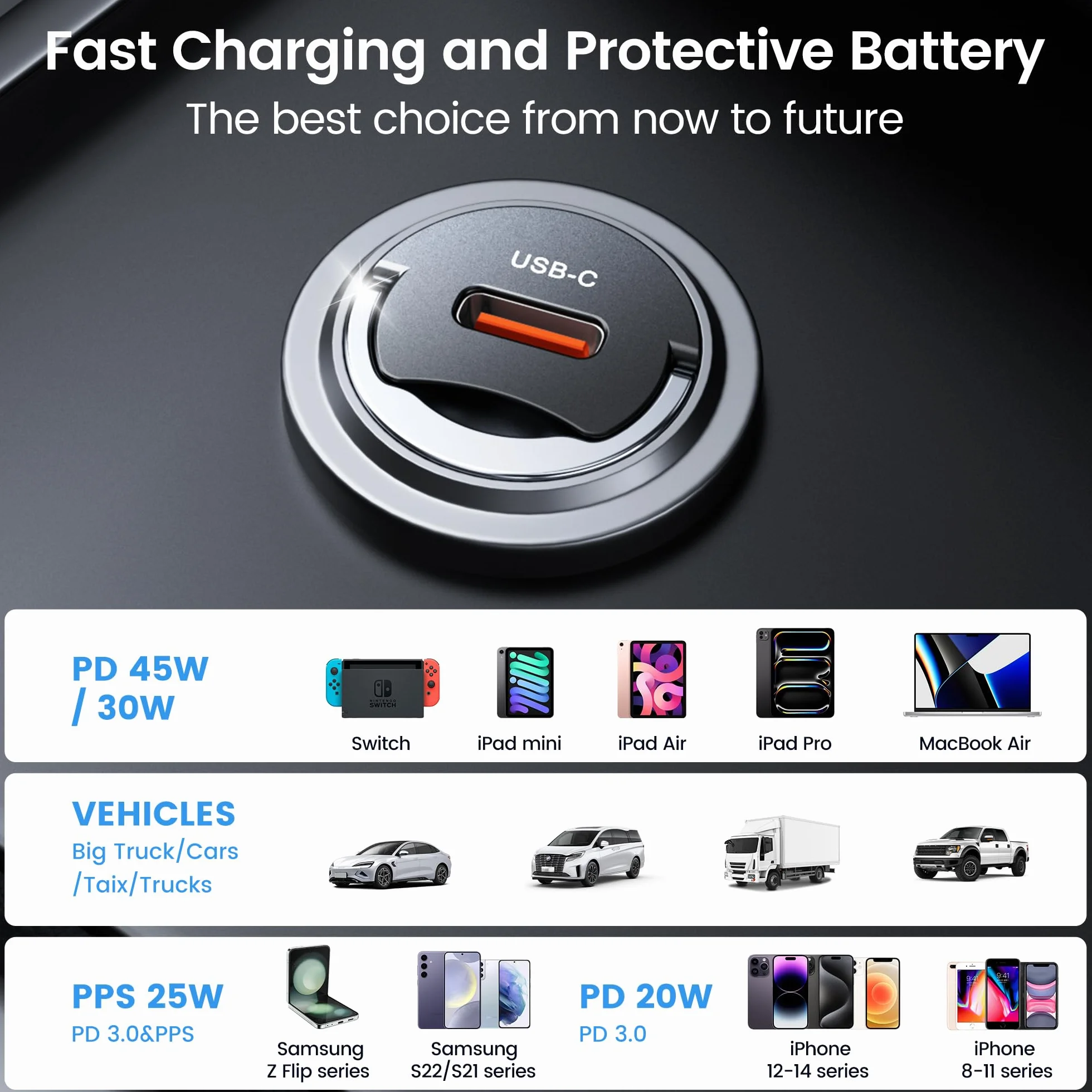 toocki 45W samochodowa ładowarka USB-C (2 sztuki), PD 3.0 - Szybka ładowarka samochodowa z pojedynczym portem typu C do iPhone'a 16/15/14 Pro Max, iPad i Samsung