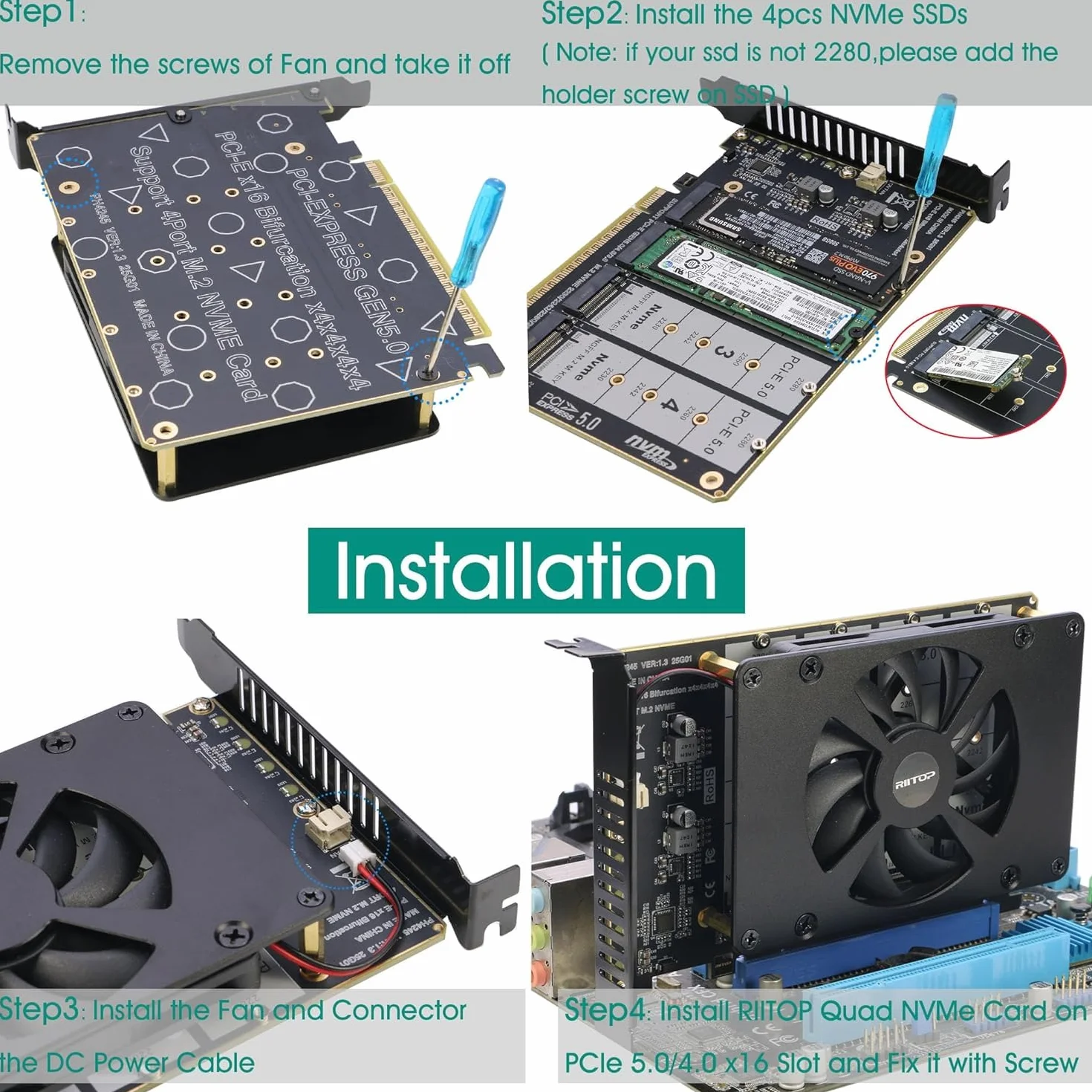 Quad NVMe PCIe 5.0 adapter z wentylatorem, RIITOP PCIe 5.0 x16 do 4X NVMe SSD (kompatybilny z płytami głównymi PCI-e Bifurkation)
