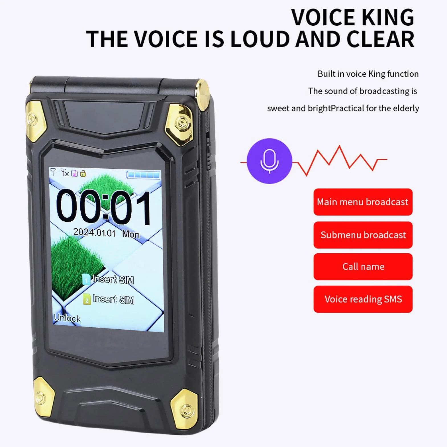 Bewinner Dual Ecran Flip Telefon z Aparatem, Dużymi Czcionkami, Systemem Transmisji Głosowej, Numery Rodzinne, Bateria 4800 MAh, GSM 850/900/1800/1900 MHz, Dual SIM Dual Standby, Obsługa (BLACK)