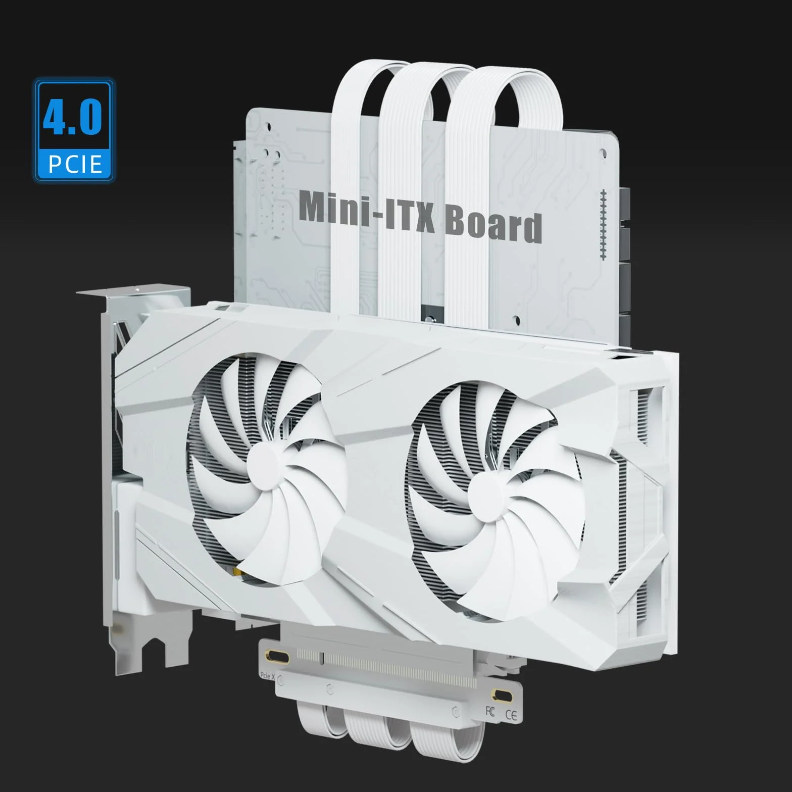 GLOTRENDS Podwójny odwrócony kabel riser PCIE 4.0 do płyty głównej Mini-ITX (170 x 170 mm), kompatybilny z seriami RTX 40/30 i Radeon RX7000/RX6000, kolor biały