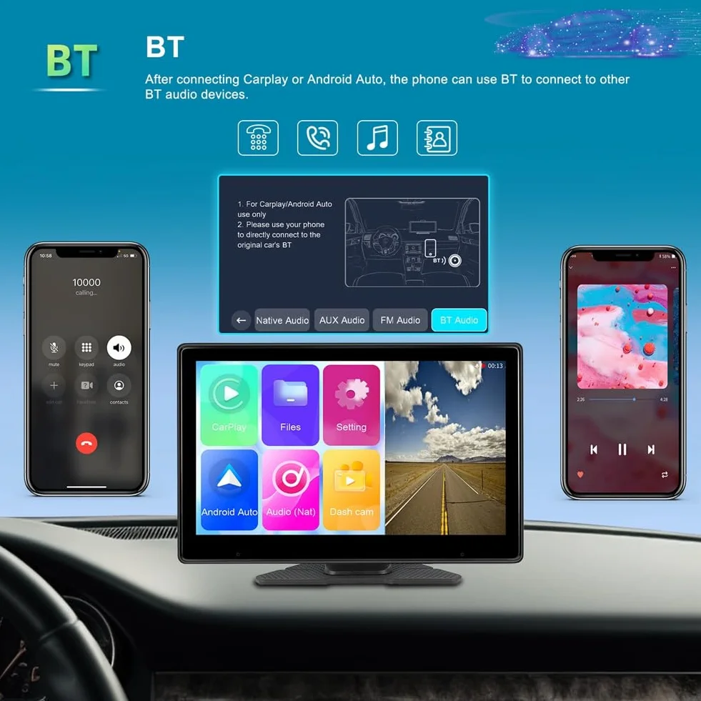 Ekran dotykowy 10,1, bezprzewodowy Carplay i Android Auto, akcesoria zamienne, przenośny samochodowy odtwarzacz multimedialny, kamera 4K DVR z kamerą