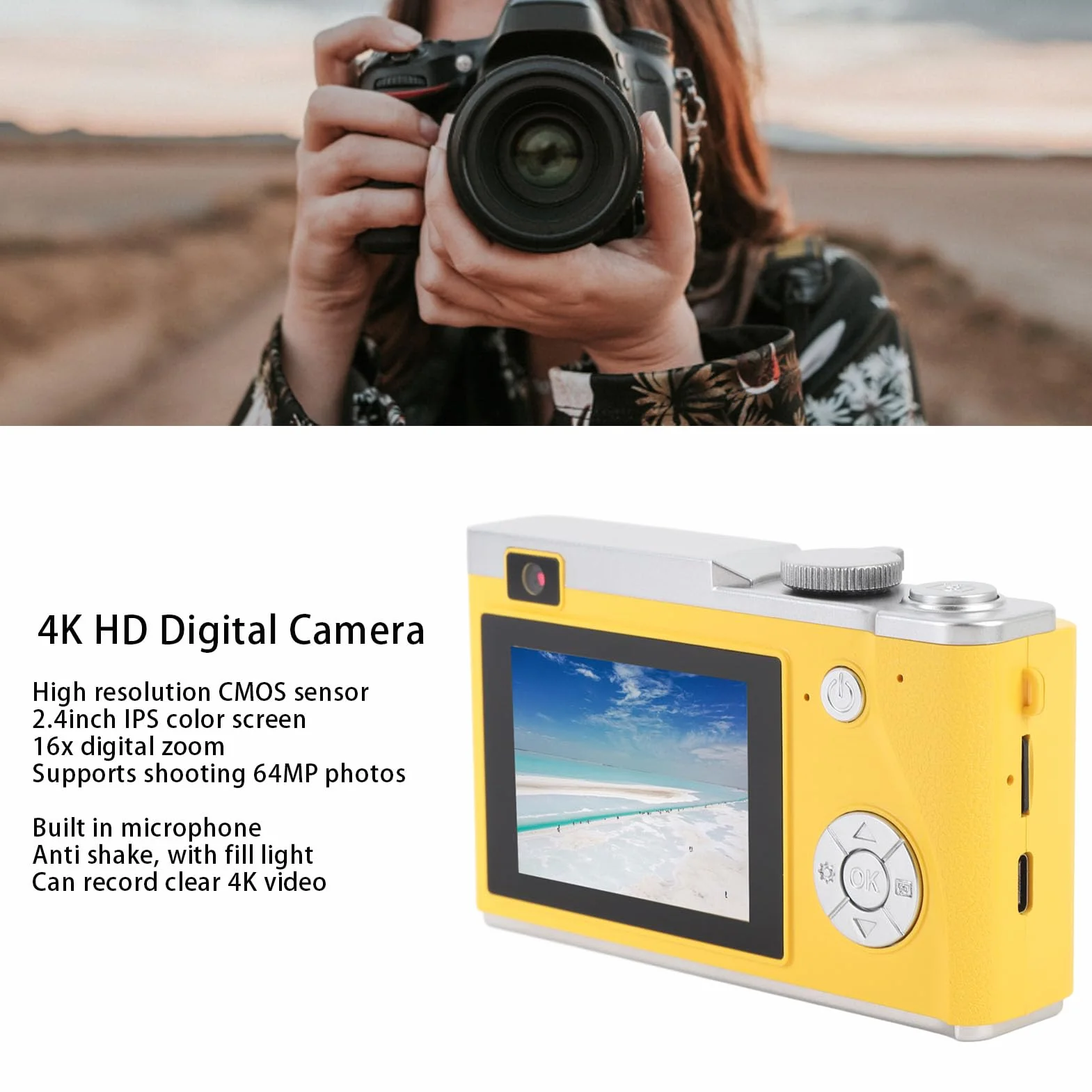 Cyfrowy Aparat Fotograficzny 4K do Fotografii, Kamera 64 MP do Vlogowania na YouTube z Kolorowym Ekranem IPS o Przekątnej 2,4 Cala, Przenośna Kamera CCD z 16-krotnym Zoomem (32GB)
