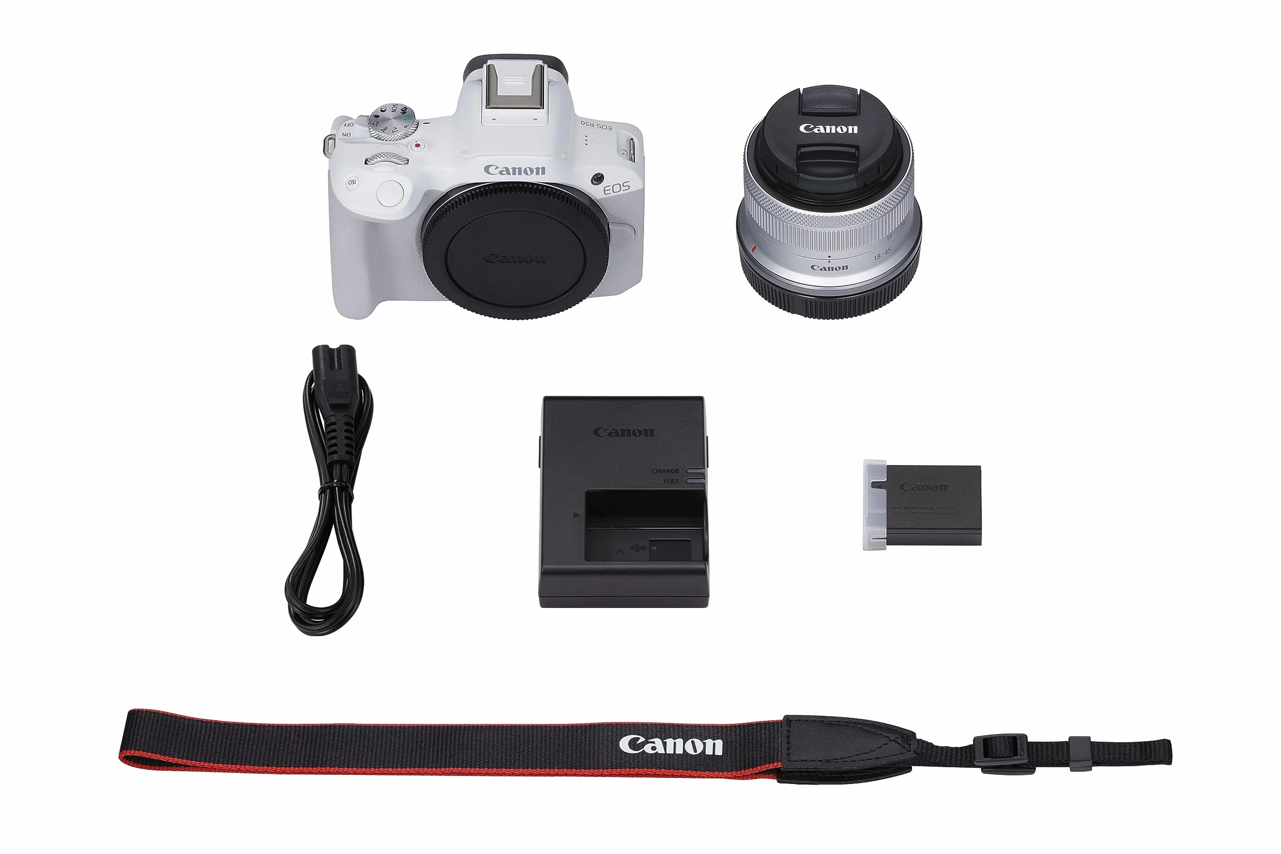 Canon EOS R50 + RF-S 18-45 mm F4.5-6.3 IS STM|24,2MP APS-C bezlusterkowie|do 15 kl./s, Dual Pixel CMOS AF II|4K 30p| ekran zmiennokątny|Bluetooth i Wi-Fi, biały