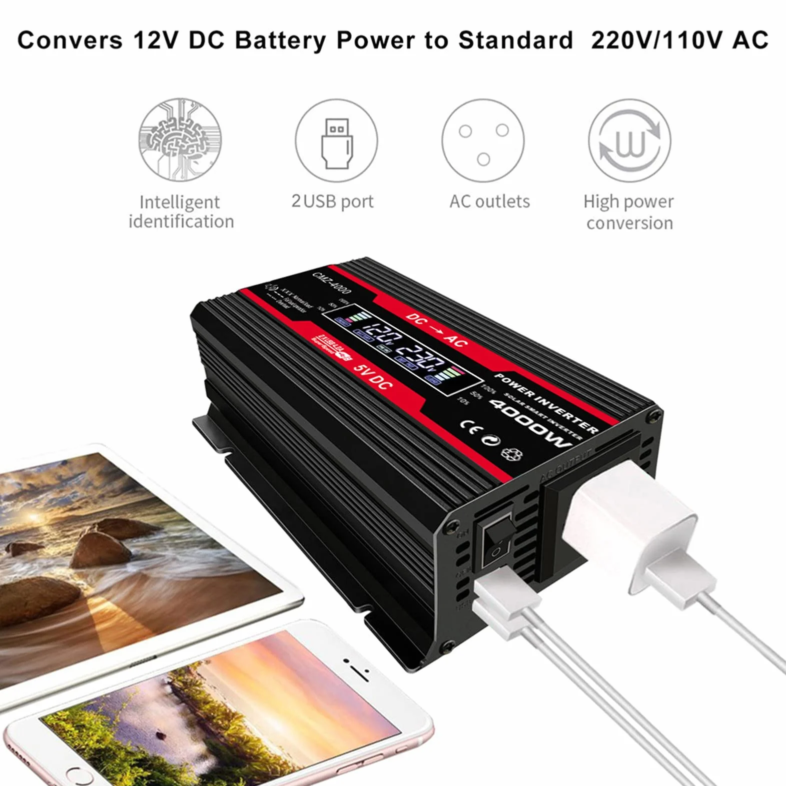Przetwornice Mocy 300 W, Przetwornica Napięcia Samochodowego 12 V do 110 V 220 V AC Konwerter z 2 Falownikami USB i Zapalniczką Samochodową do Ciężarówki,Black-110V