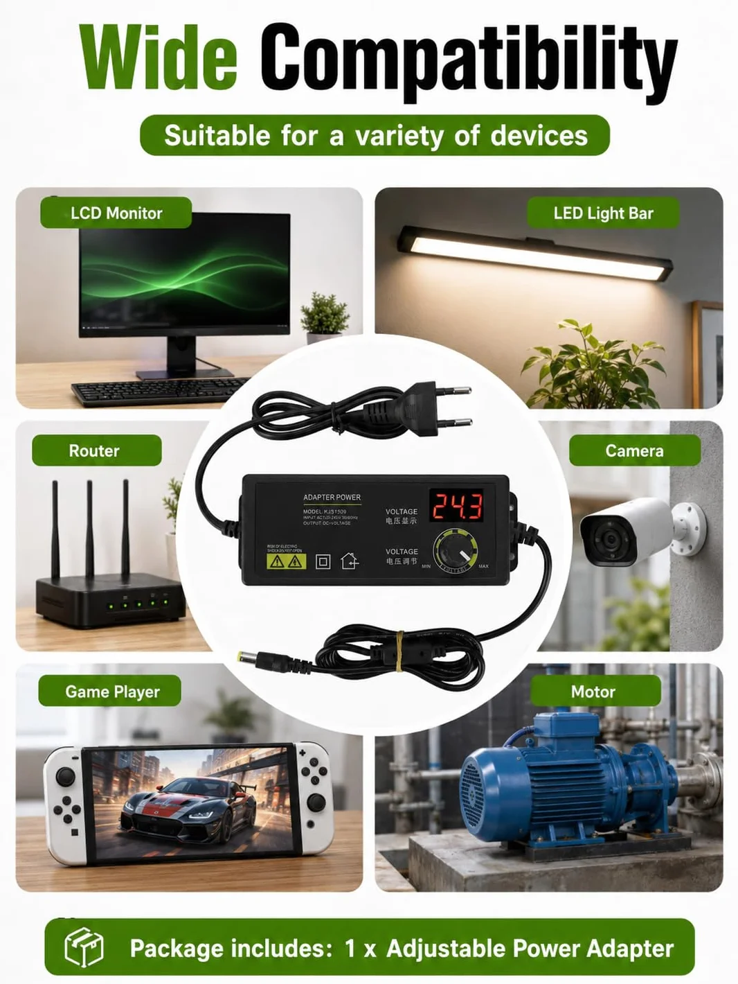 VOBOR Uniwersalny zasilacz AC 100-240 V, 3-36 V, regulowany, 1,7 A wyjście antyzakłócające do monitora LCD, listwy świetlnej LED, silnika