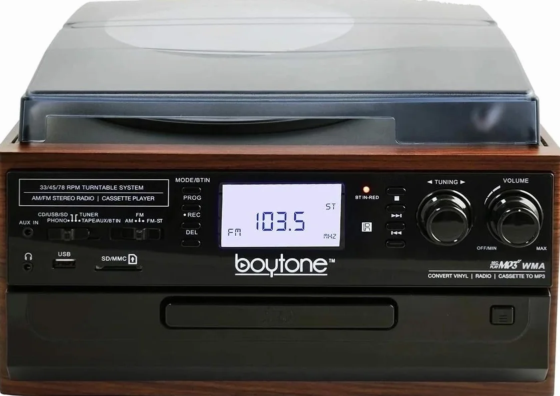 Boytone BT-22M, gramofon Bluetooth, radio AM/FM, kaseta, odtwarzacz CD, 2 wbudowane głośniki, możliwość konwersji winylu, radia, kasety, CD na MP3 bez komputera, gniazdo SD, USB, AUX