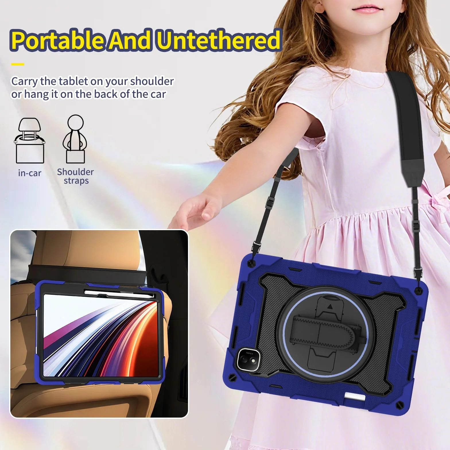 Odporne na wstrząsy etui do Honor Pad GT Pro 31.2 cm / MagicPad 2 31.2 cm, etui dla dzieci, etui z TPU, podpórka, wytrzymały pokrowiec ochronny z paskiem na rękę (ciemnoniebieski)
