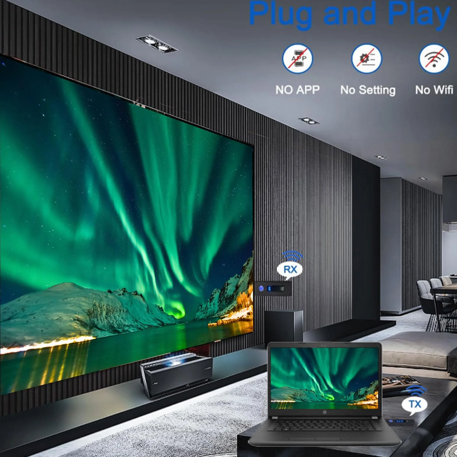 Bezprzewodowy Nadajnik i Odbiornik Multimedialny HD, Dekodowanie 5G 2.4G 4K 1080P Wyjście Typu Plug and Play Zasięg 197 Stóp, z anteną LDS do Laptopa PC, Projektora TV Box (Czarny)
