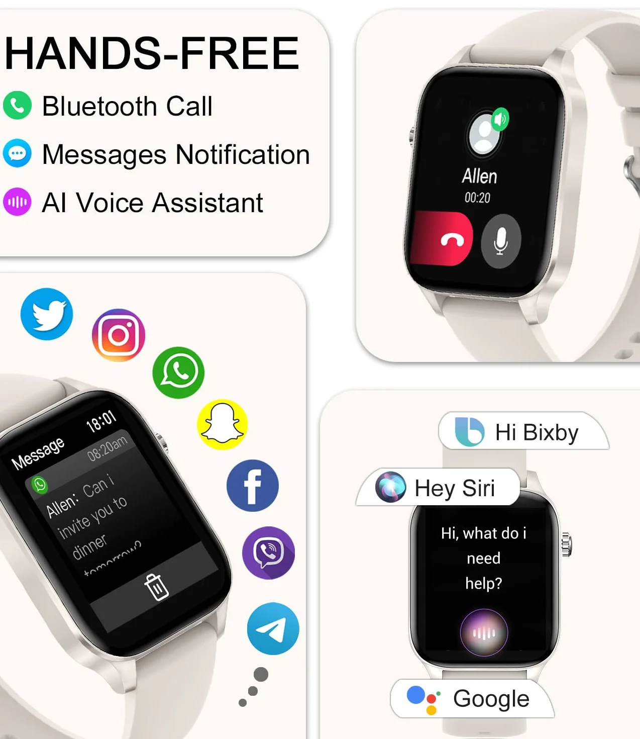 Damski smartwatch z powiadomieniami o połączeniach, zegarek fitness 1,85" krokomierz dla Androida ios asystent głosowy inteligentny zegarek damski z czujnikiem tętna SpO2, 20 trybów sportowych