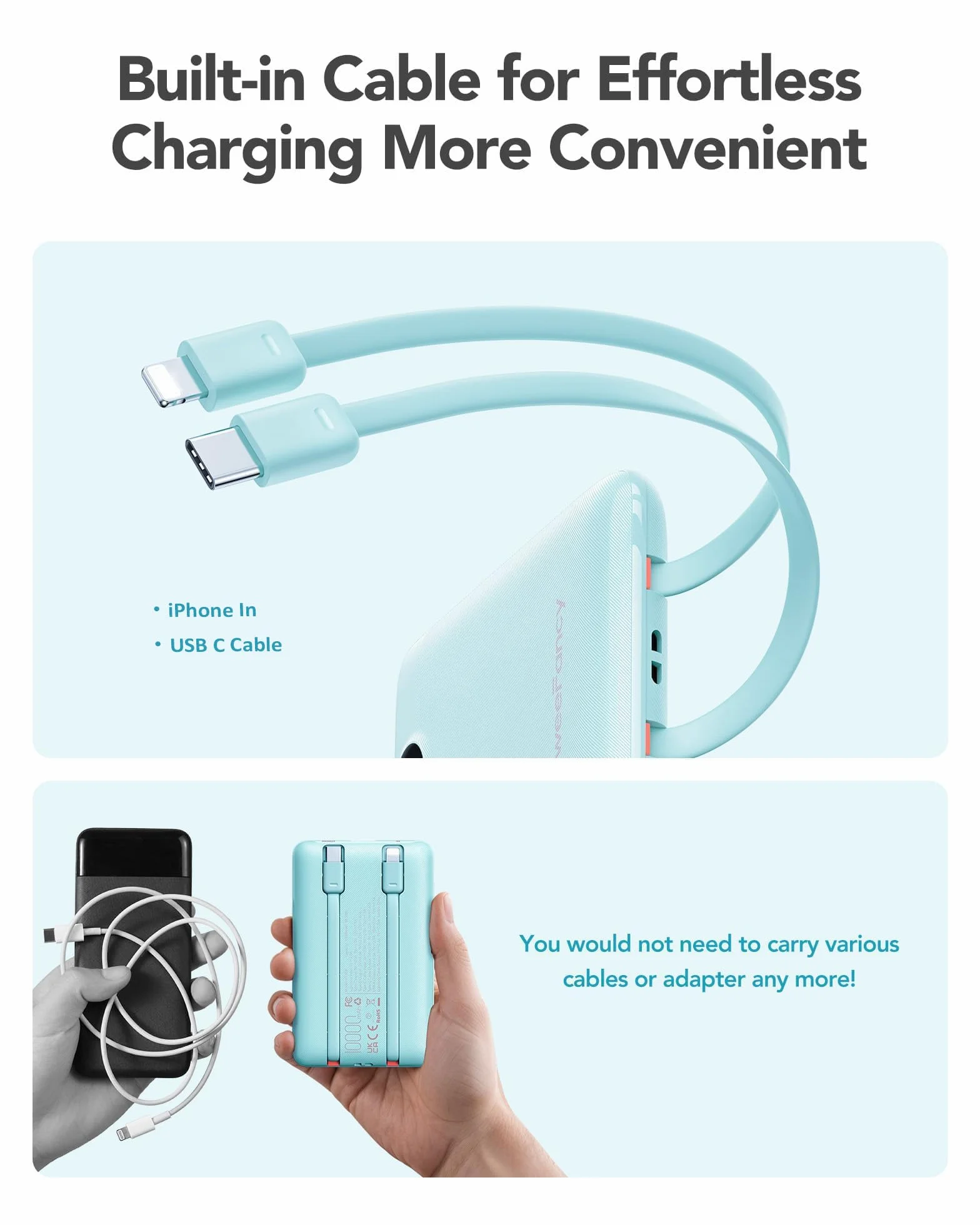 Mini Power Bank 10000mAh 22.5W Powerbank USB C z zintegrowanym kablem PD QC Fast Charge, ultra kompaktowa bateria zewnętrzna 4 wyjściami kompatybilna iPhone 17/16/15/14/Samsung/Android
