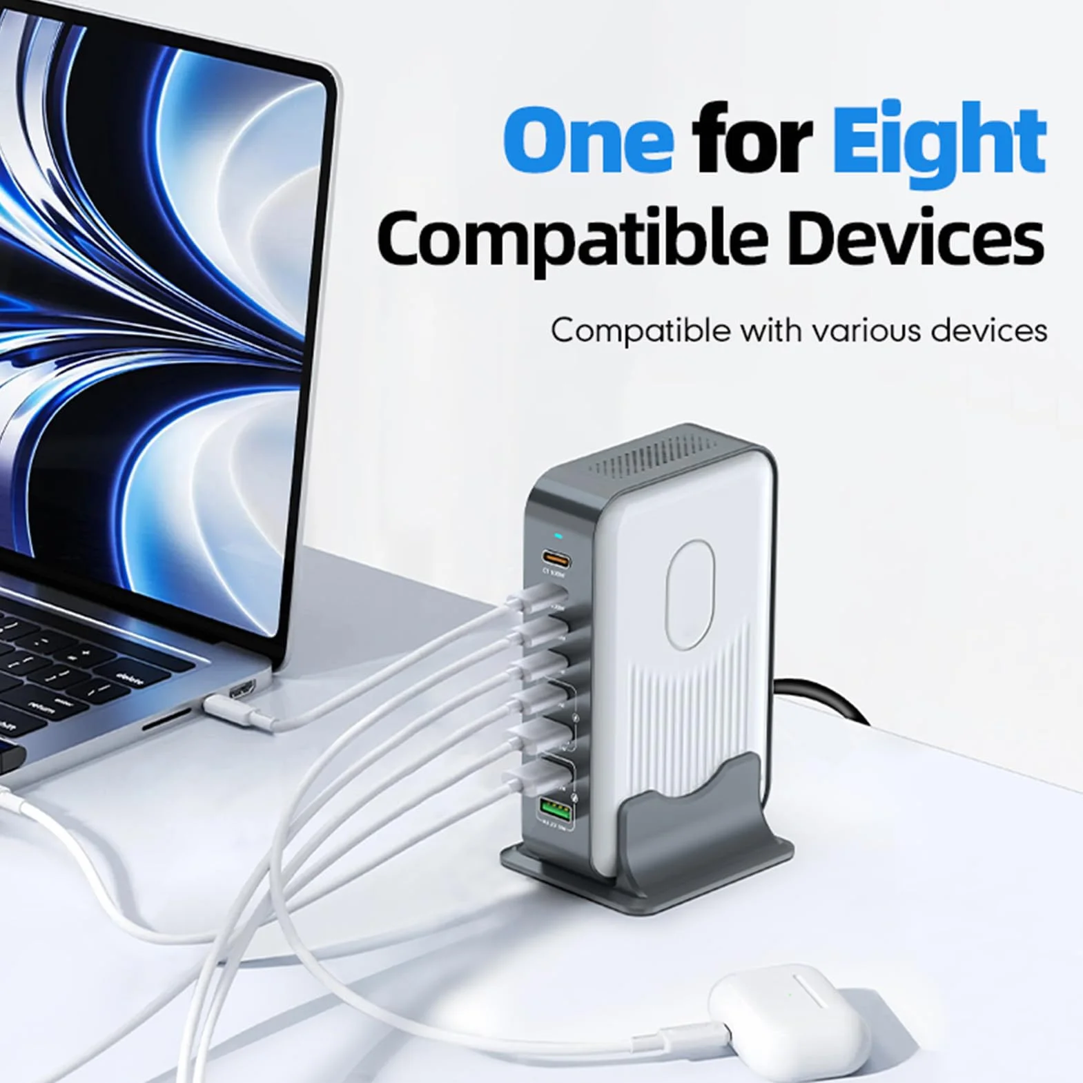 Fabater Stacja ładująca 200 W do Wielu urządzeń, 8-portowy Blok ładujący USB C, Szybkie ładowanie, Zasilacz PD 100 W Typu C do Telefonów, Tabletów, Laptopów, Wielu ładowarek Hub USB (Wtyczka UE 800