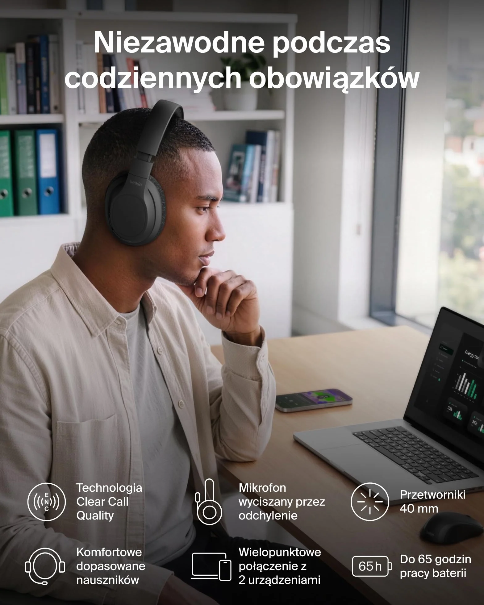 Belkin SoundForm Adapt Bezprzewodowe Słuchawki Nauszne, Mikrofon – Czarne
