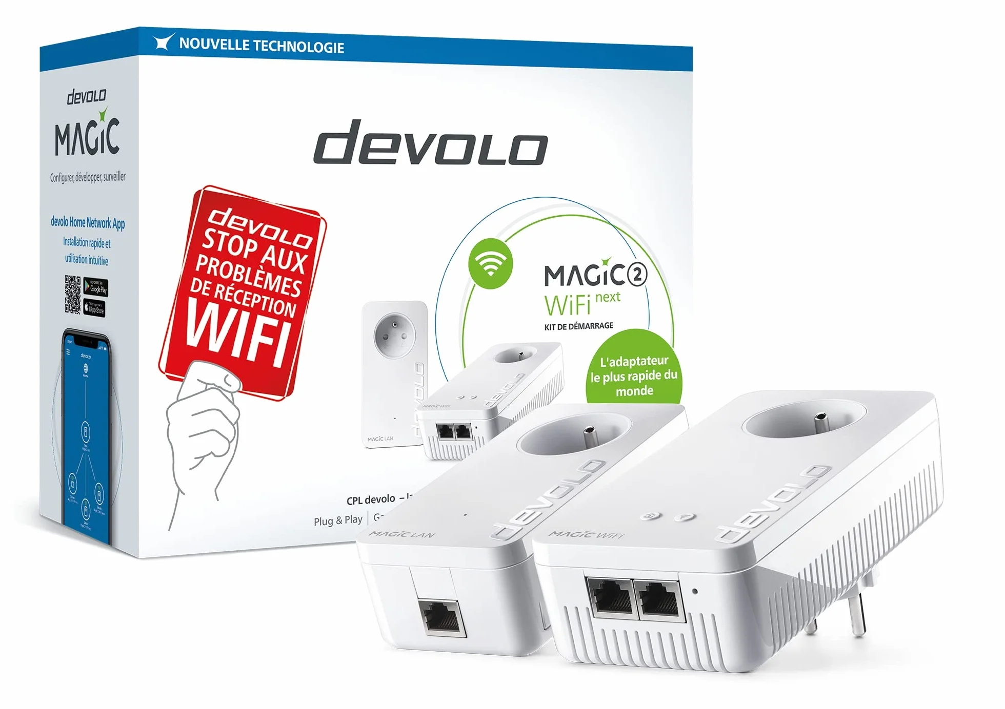 devolo Magic 2 WiFi 5 (ac) Zestaw startowy: 2x Adaptery PowerLine WiFi, gniazdo Gigogne (2400 Mbits, 3x porty Gigabit Ethernet), idealny do telepracy, gier, przesyłania strumieniowego, wtyczka