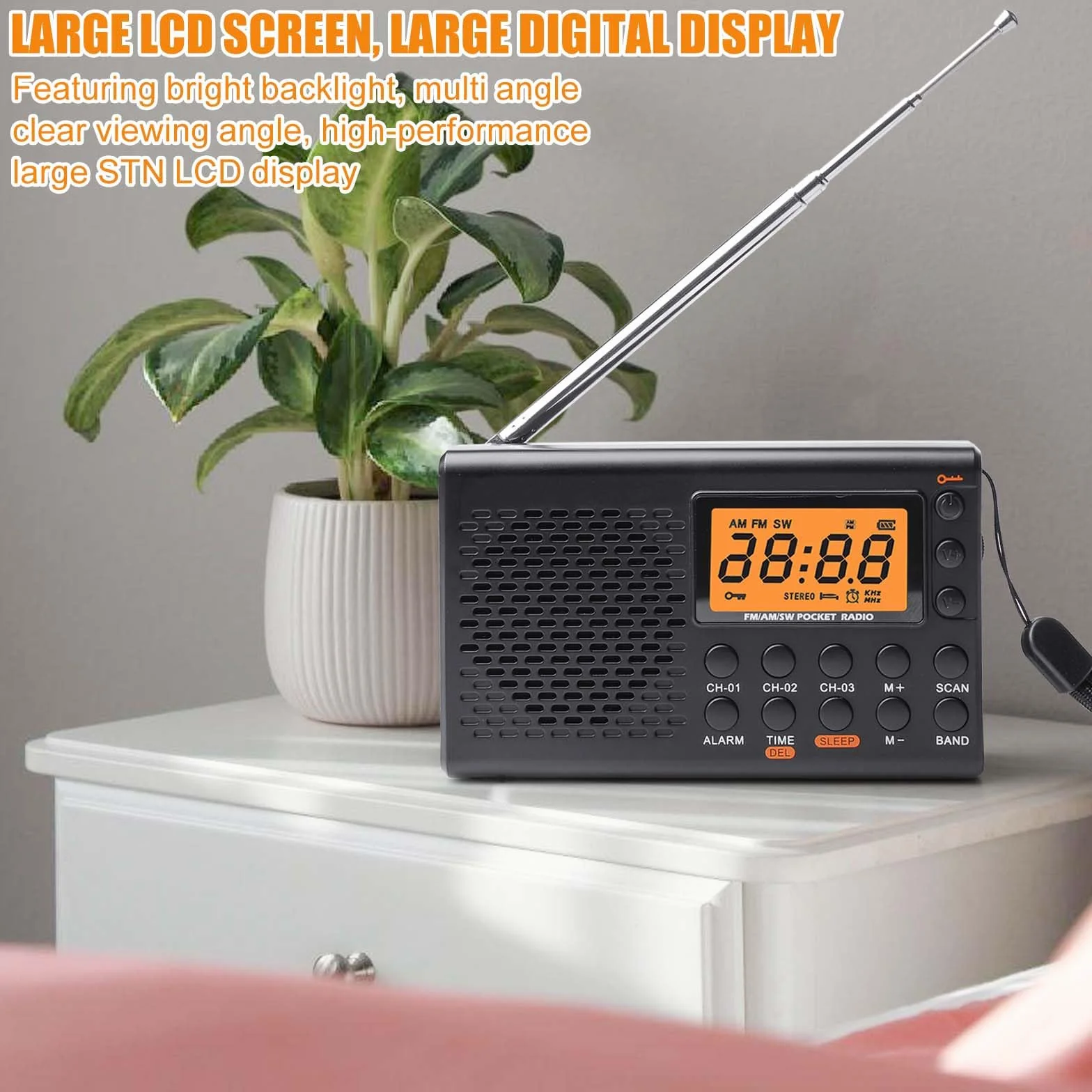 Przenośne radio, AM, FM, SW radio walizkowe z wyświetlaczem LCD, zasilanie bateryjne, wbudowany głośnik, alarm uśpienia, timer, przyłącze słuchawkowe, radio kuchenne, 35 ustawień wstępnych, małe radio