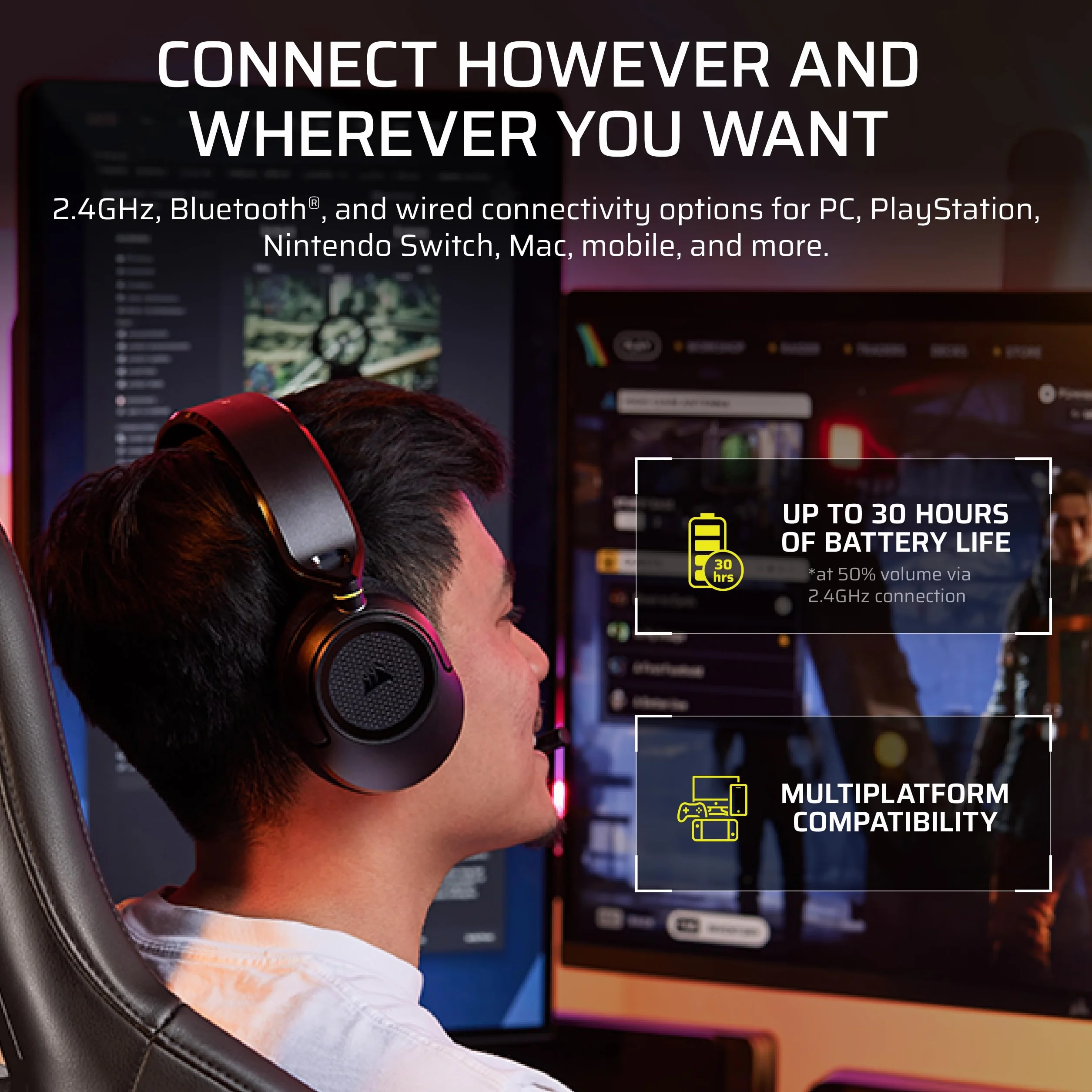 Corsair HS35 v3 bezprzewodowy zestaw słuchawkowy do gier z mikrofonem – 2,4 GHz i Bluetooth (PC/PS5/PS4/Switch/Mac/Mobile), lekki komfort, Dolby Atmos, czarny | 2,4 GHz i Bluetooth (PC, PS5, PS4, Switch, Mac, urządzenia mobilne), lekki i wygodny, Dolby At