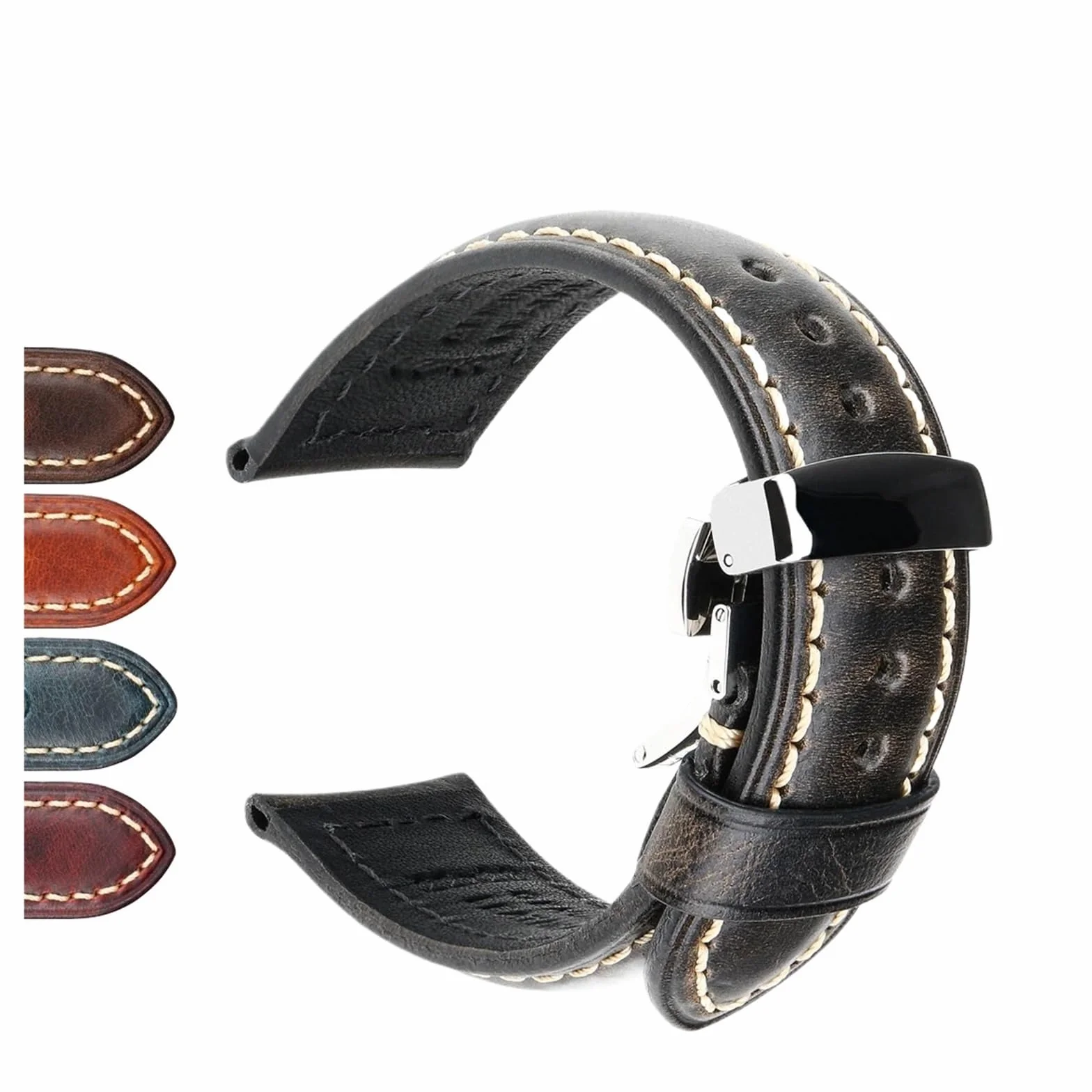 FYYFS Ręcznie robiony pasek do zegarka, 20 mm 22 mm 24 mm Vintage prawdziwy skórzany pasek z klamrą motylkową Pasek do smartwatcha kompatybilny z Panerai(ciemny brązowy S, 22 mm)