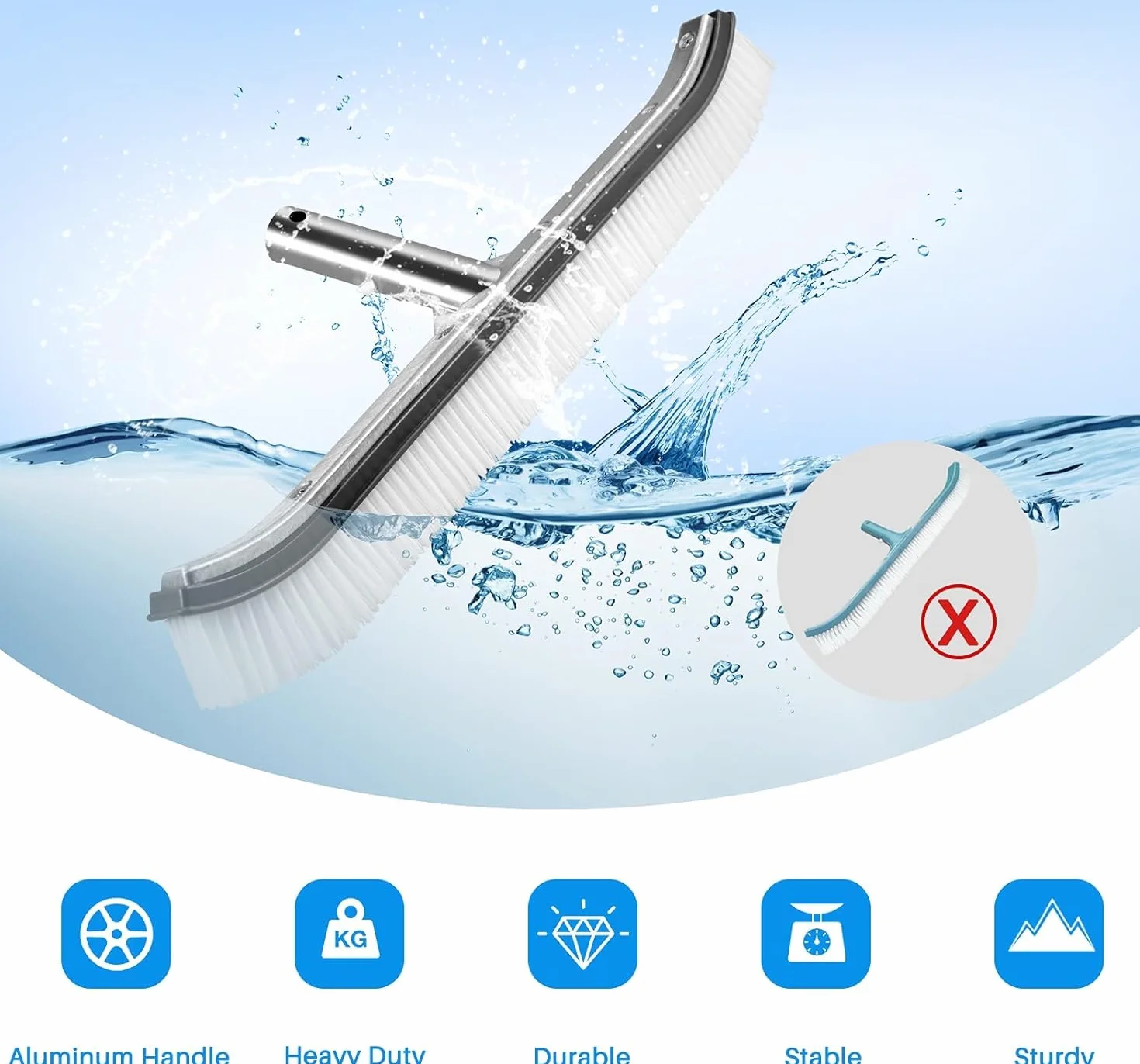 VABNEER Szczotka do basenu 45 cm trwała plastikowa głowica z aluminiowym uchwytem i spodem do basenu, stawu, spa, gorących źródeł, wanny, ściany, płytki, podłogi (szary)