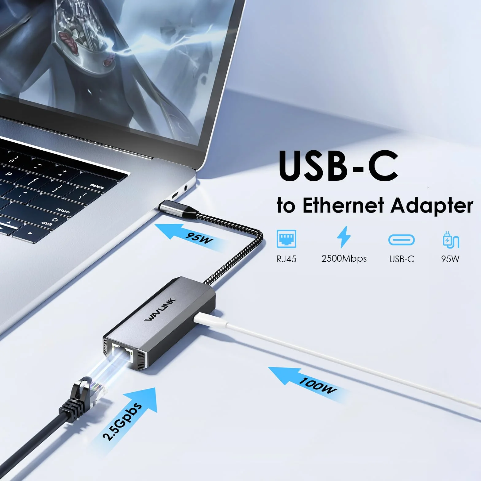 WAVLINK Adapter USB C na Ethernet 2,5 Gb/s, adapter USB na Ethernet 2,5 G, konwerter sieciowy USB-C na RJ45 (kompatybilny z Thunderbolt 4/3) dla Windows, Mac OS, iPad OS i innych