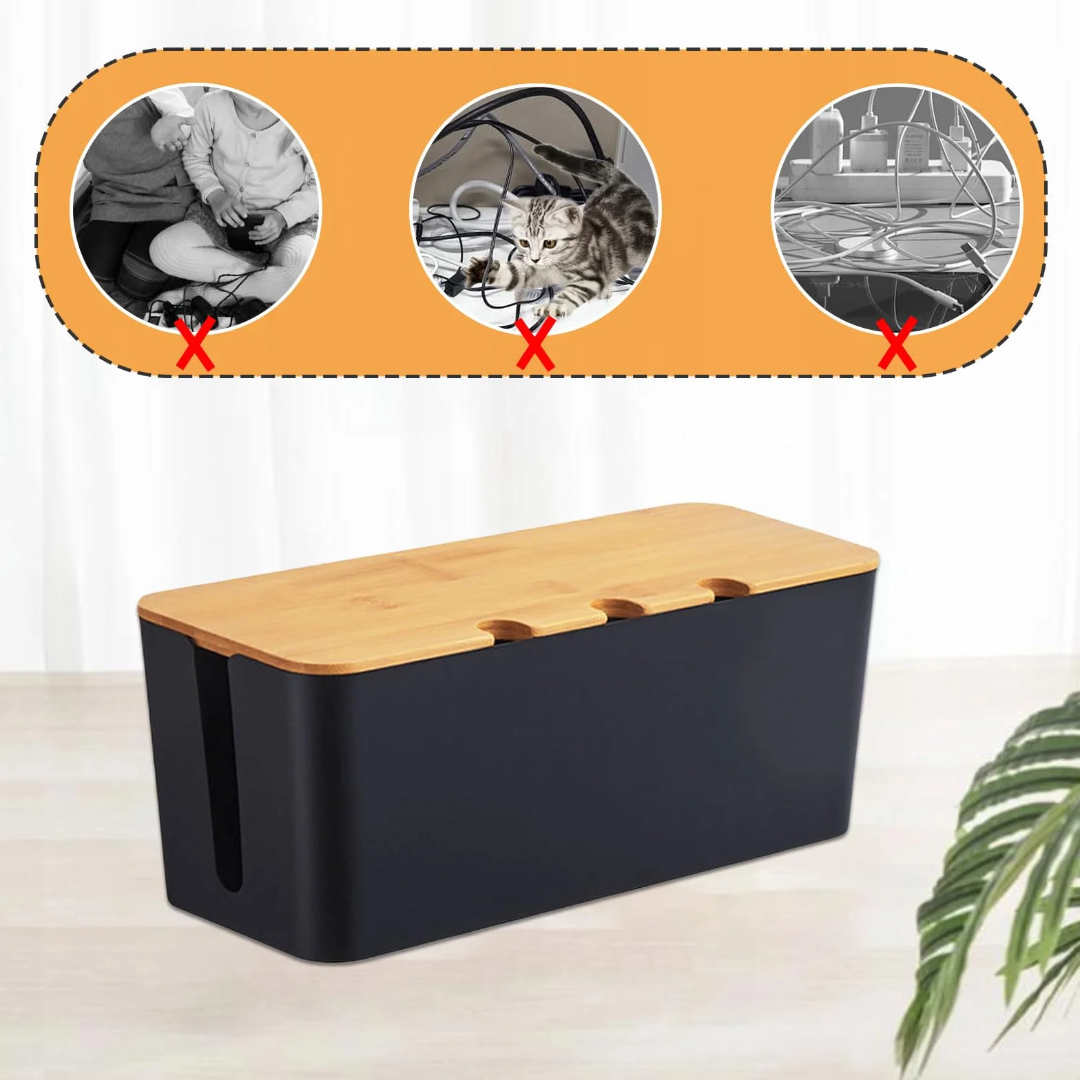 Skrzynka na kable, 32 x 13,6 x 12,7 cm, skrzynka na gniazdka z drewnianą pokrywą, organizer na kable z opaskami kablowymi i uchwytami na kable, do organizacji biurka, kolor czarny