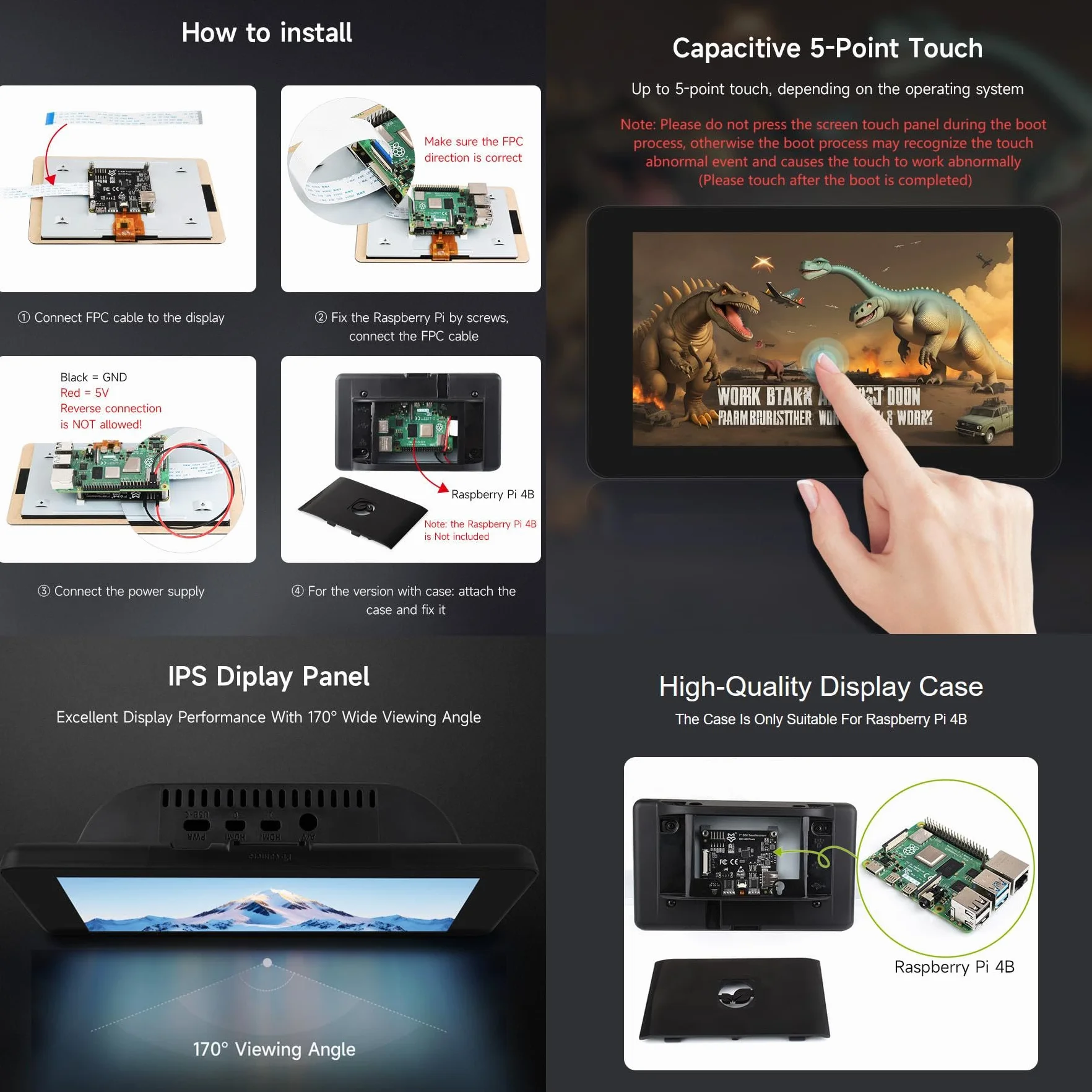 LUCKFOX DSI pojemnościowy 7-calowy ekran dotykowy z obudową do Raspberry Pi, wspiera drukowanie 3D do ekranu, rozdzielczość 800 x 480 pikseli, szeroki kąt widzenia 170°, IPS do Core3566