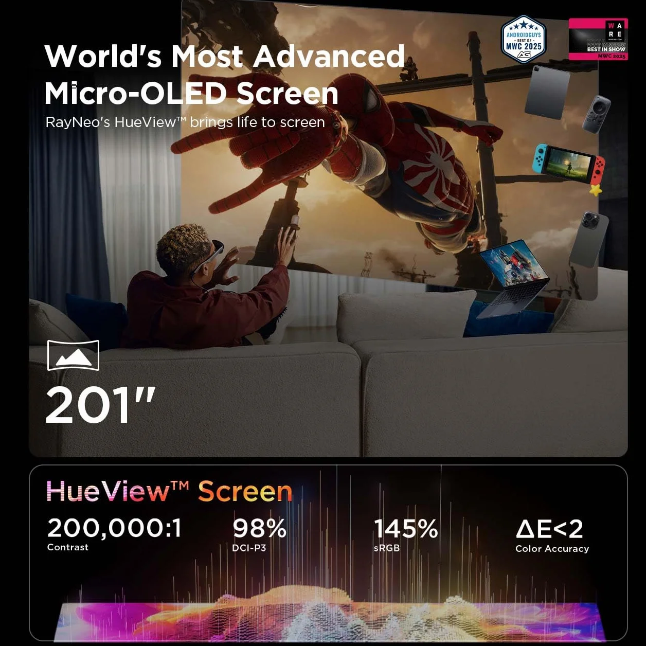 RayNeo Okulary Air 3s AR/XR, wyświetlacz 510.5 cm 120 Hz FHD HueView, przenośne okulary wideo AR do gier do iPhone'a 16/15, Android, Mac, Switch, PS5, Steam Deck