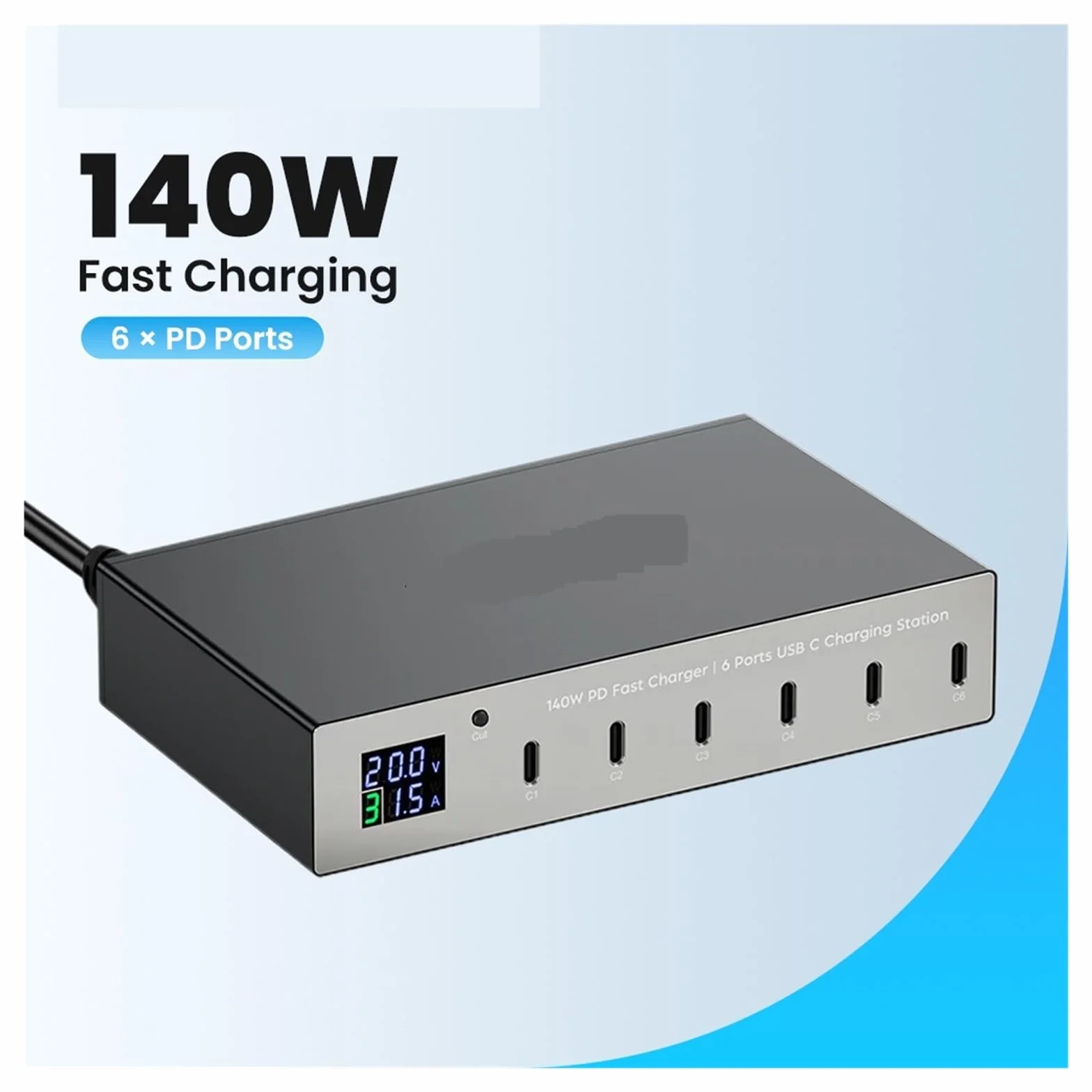 Szybka Ładowarka PD O Mocy 140 W Z 6 Portami Stacja Szybkiego Ładowania Multi USB-C 30 Wyświetlaczem LED MożLiwość Szybkiego łAdowania(With 100w 1m cable)
