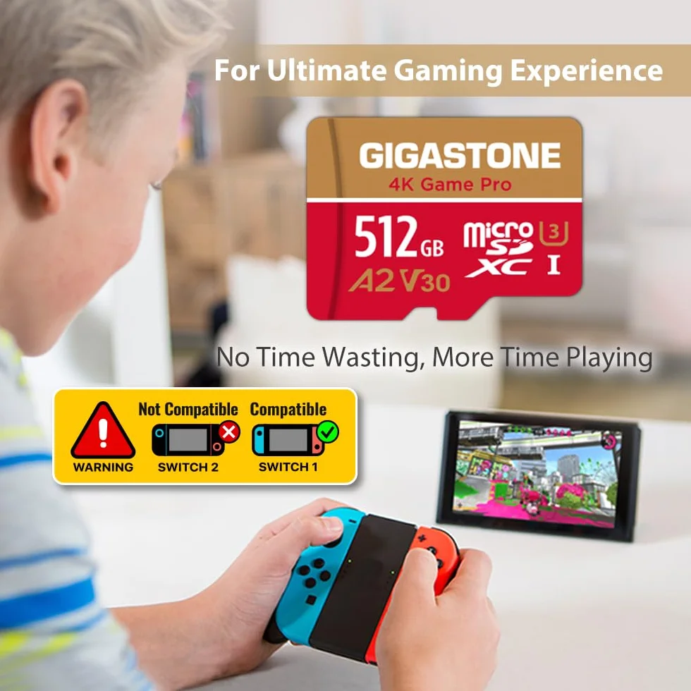 Gigastone Karta pamięci z serii 512 GB, 4K Game Pro, idealna do Nintendo Switch, duża prędkość do 100 MB/s. do 4K UHD Video Console do gier, A2 U3 V30 Micro SDXC z adapterem SD.