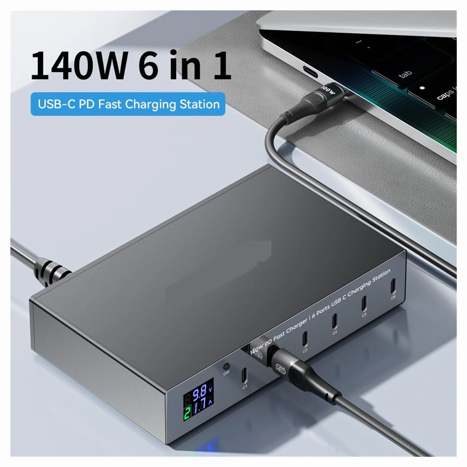 Szybka Ładowarka PD O Mocy 140 W Z 6 Portami Stacja Szybkiego Ładowania Multi USB-C 30 Wyświetlaczem LED MożLiwość Szybkiego łAdowania(With 100w 1m cable)