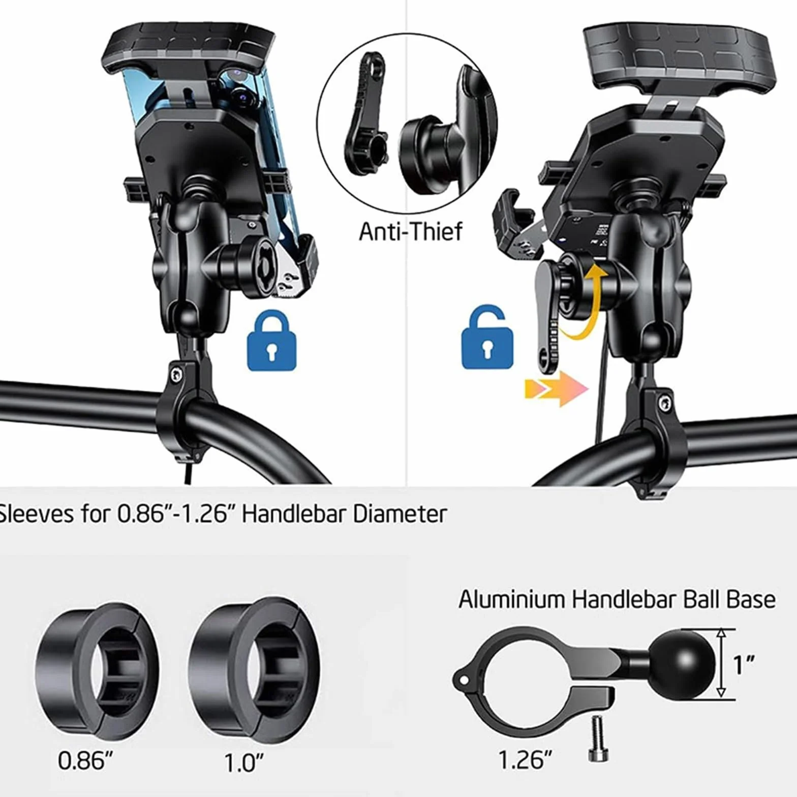 Uchwyt na telefon bezprzewodowy do motocykla z zabezpieczeniem antykradzieżowym, szybka ładowarka, uchwyt na telefon do motocykla 4,0-7,0"(Wireless Charger)