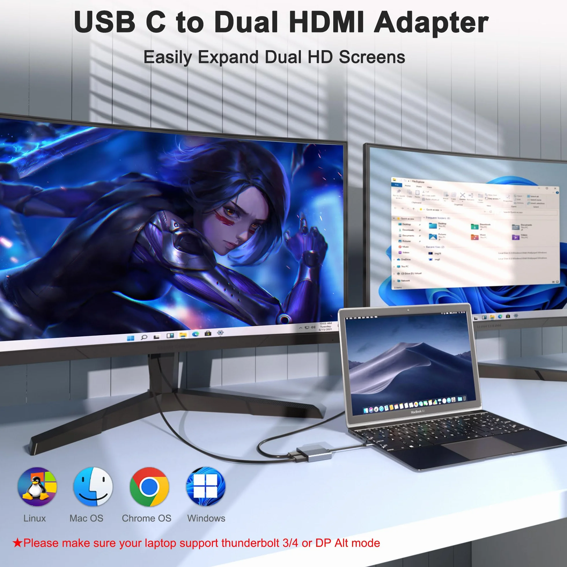 Stacja dokująca z podwójnym monitorem, stacja dokująca USB C, rozdzielacz HDMI, rozszerzony wyświetlacz, podwójny adapter HDMI 4K do 2 monitorów, rozdzielacz HDMI do podwójnych monitorów, rozszerzony