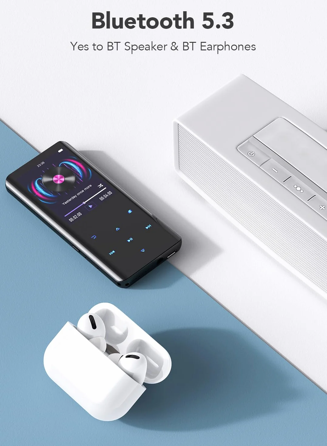 AGPTEK Odtwarzacz MP3 64 GB, Bluetooth 5.3, kolorowy ekran TFT 2,4 cala, muzyka HiFi z głośnikiem, przyciski dotykowe, radio FM, e-book, nagrywanie, timer snu, obsługa do 128 GB, czarny