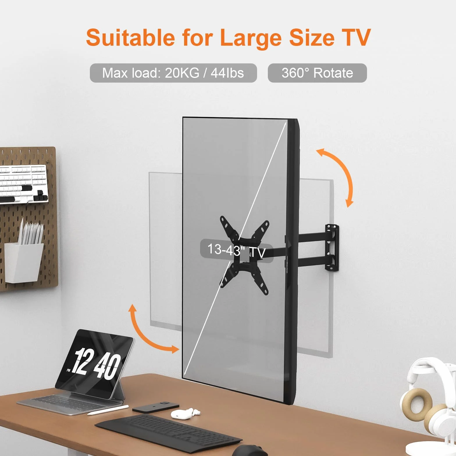 GRIFEMA GB1008-2 Uchwyt Ścienny do TV 13–43", Obracany, Pochylany i Wysuwany, Uniwersalny Uchwyt Telewizora, Obciążenie do 20 kg, MAX VESA 200x200 mm