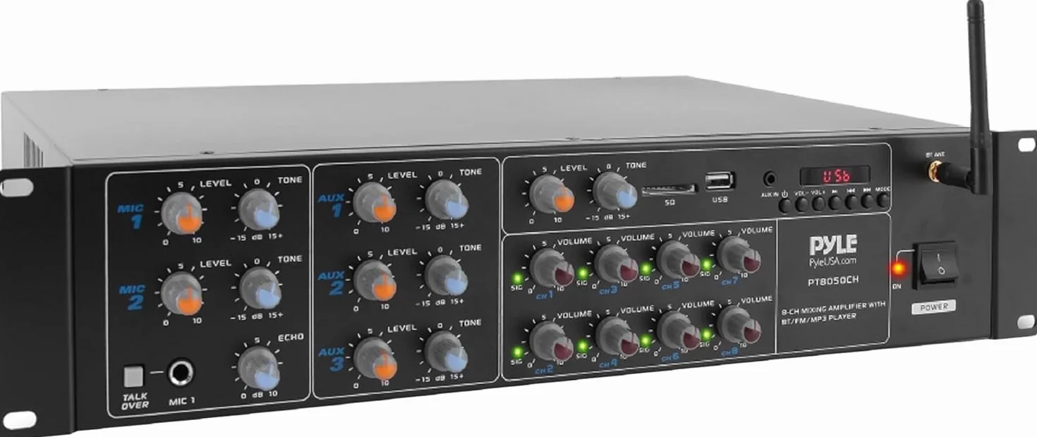 8-Channel Wireless Bluetooth Power Amplifier - 4000W Rack Mount Multi Zone Sound Mixer Audio Home Stereo Receiver Box System w/RCA, USB, AUX - For Speaker, PA, Theater, Studio/Stage - Pyle PT8050CH