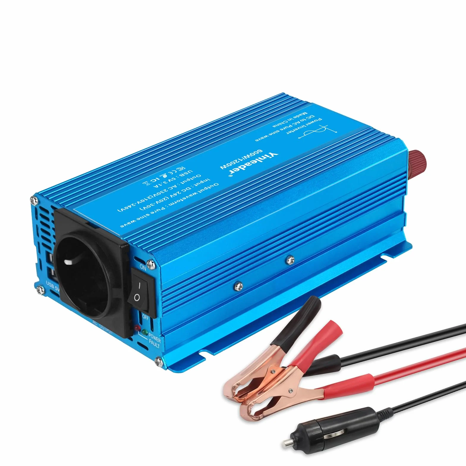 Yinleader 24 V na 230 V, 600 W/1200 W, czysty falownik sinusoidalny, przetwornica napięcia do samochodów ciężarowych i przyczep kempingowych, z podwójnym USB i gniazdkiem, kompaktowy przetwornik prądu