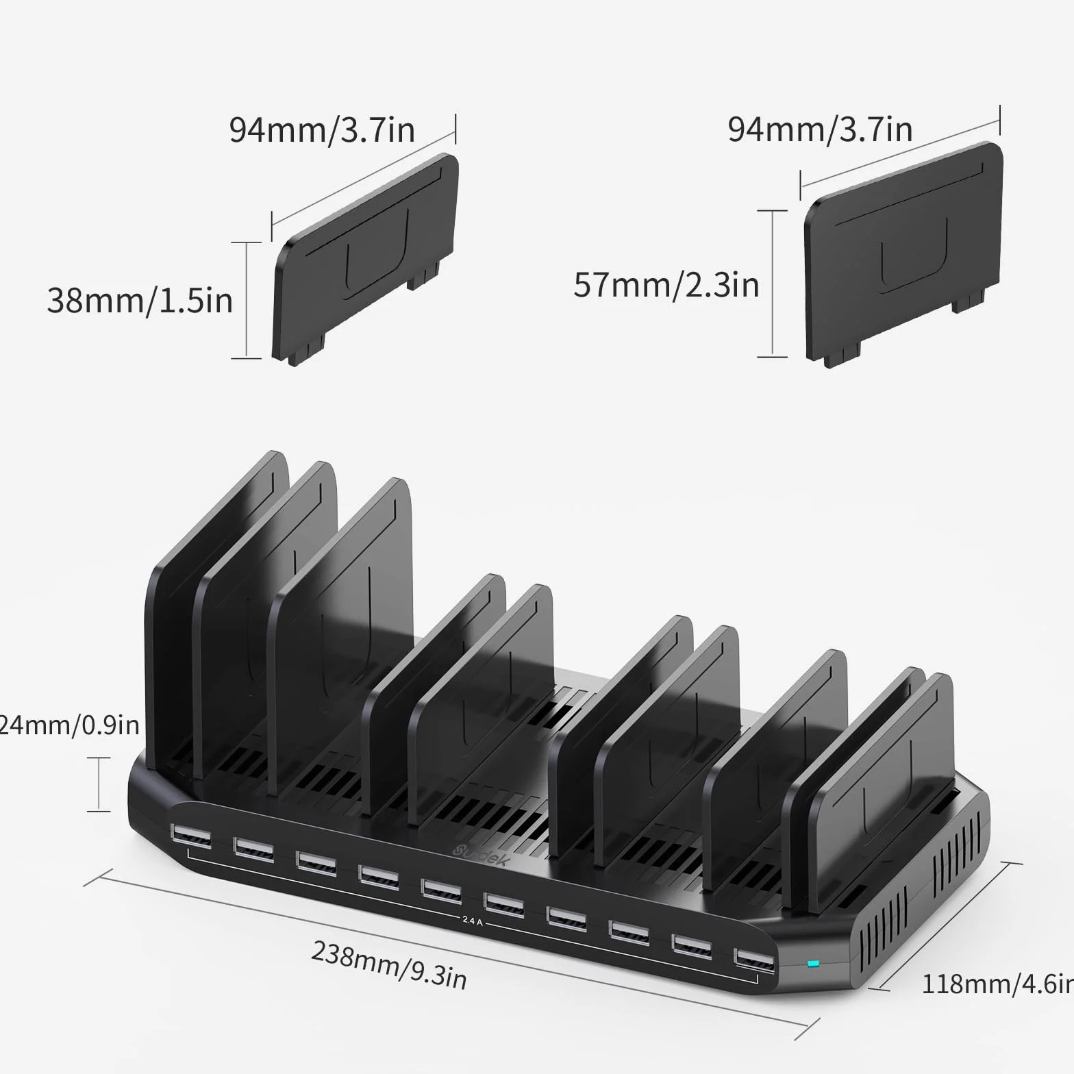 SUIDEK 10-portowa stacja ładująca, ładowarka USB 60 W do wielu urządzeń z regulowanymi ściankami działowymi, kompatybilna z tabletami, smartfonami
